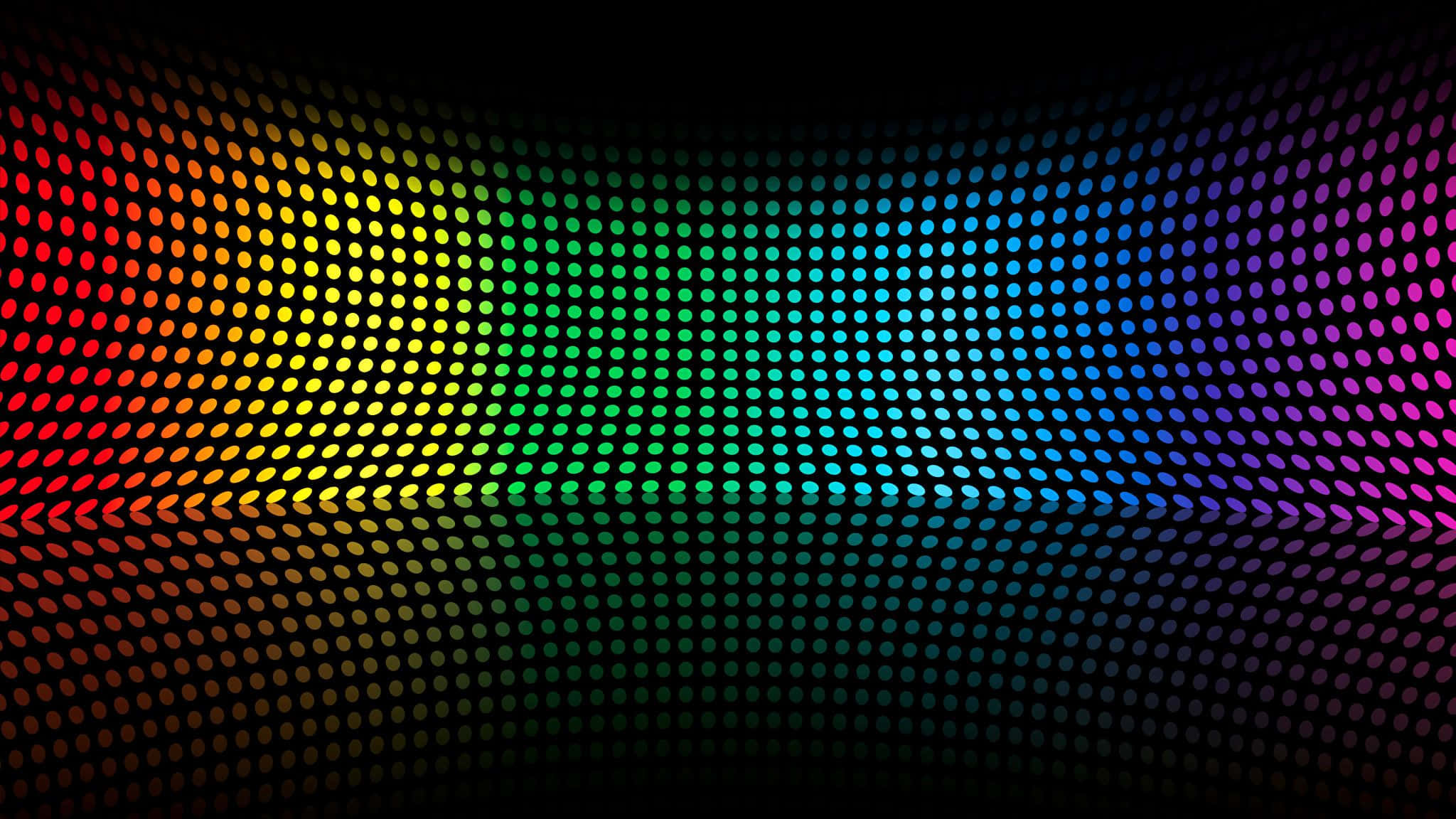 Banner 桌布 壁紙 — 一道由發光彩虹點組成的彎曲牆壁，在黑暗背景下創造出充滿活力的數位波浪。