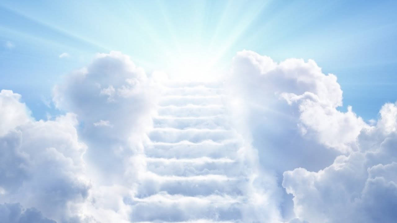 由雲朵組成的階梯，向上通往藍天中的明亮太陽。 — 天堂 壁紙
