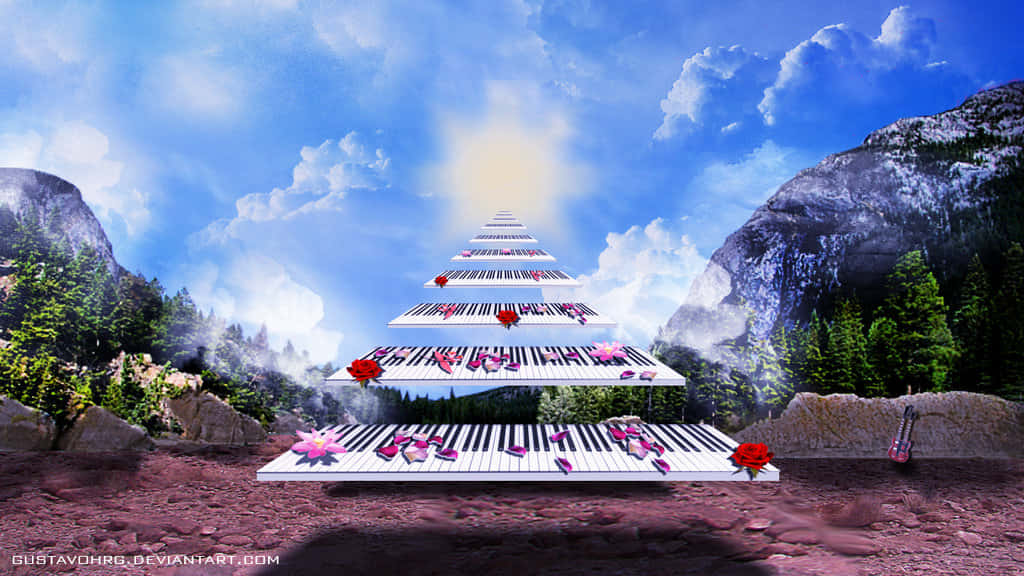 Stairway To Heaven 桌布 壁紙 — 一道由鋼琴鍵組成的超現實樓梯，在山巒之間向著發光的太陽升起，飾有紅玫瑰，周圍環繞著松樹。