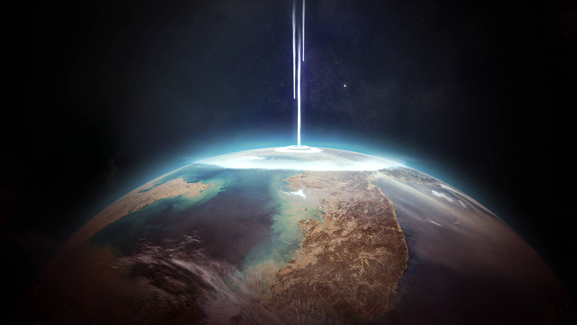 Stars 桌布 壁紙 — 一道發光的光束從太空降臨到地球彎曲的地平線，下方是沙漠和海洋。