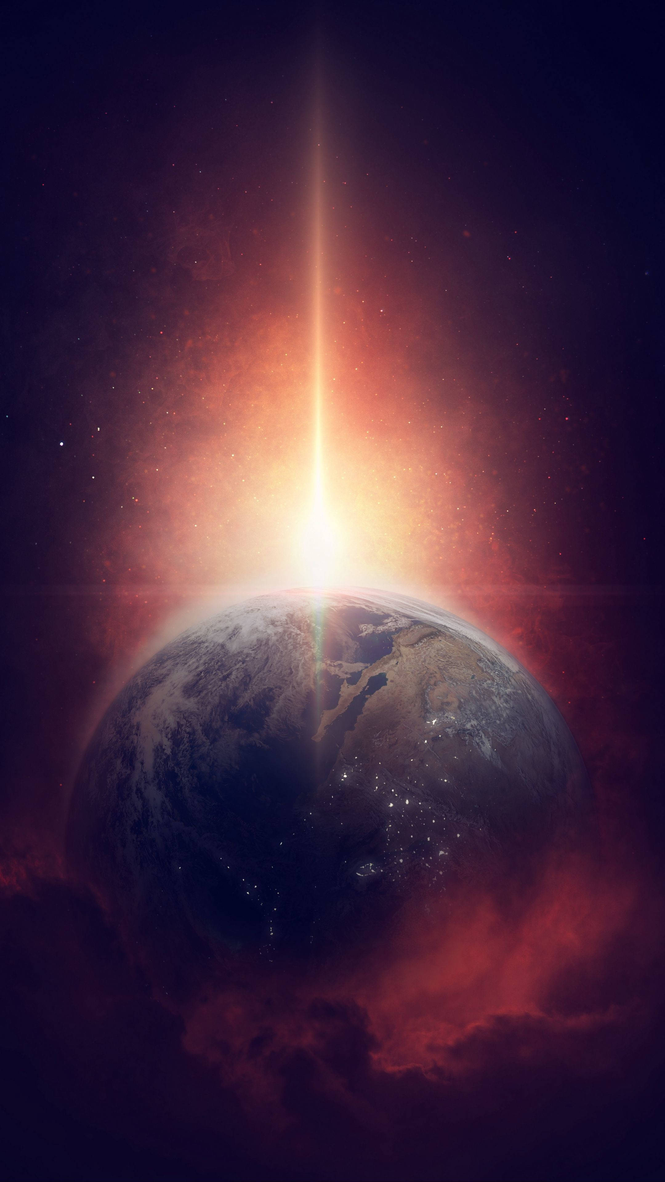 行星動畫 桌布 壁紙 — 一道發光的光束穿過被宇宙雲層和星星環繞的行星大氣層。