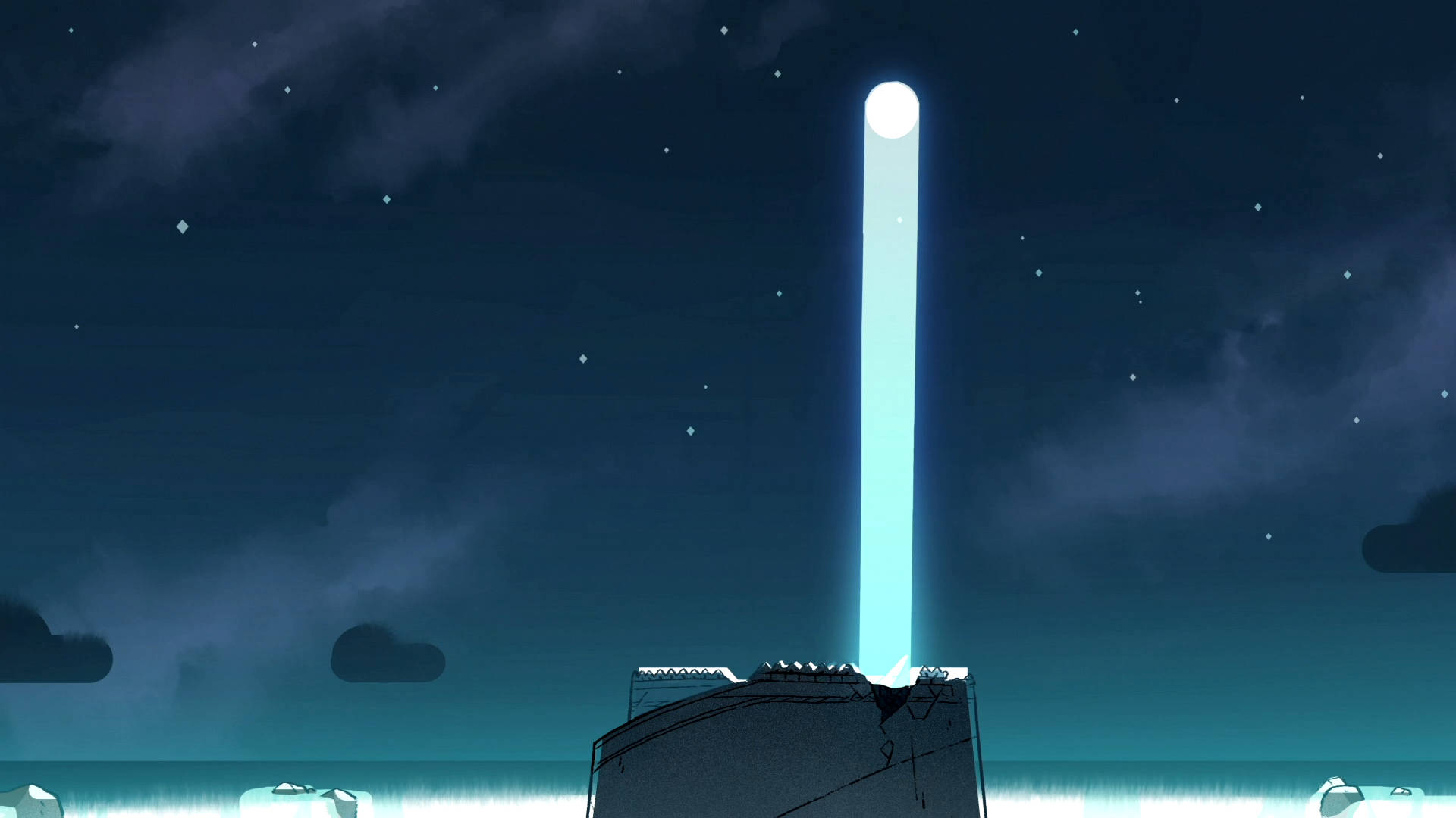 Cartoon Network 桌布 壁紙 — 一道發光的垂直光束從破損結構的頂部刺穿星空夜空，將空靈的光芒投射在冰凍的景觀上。