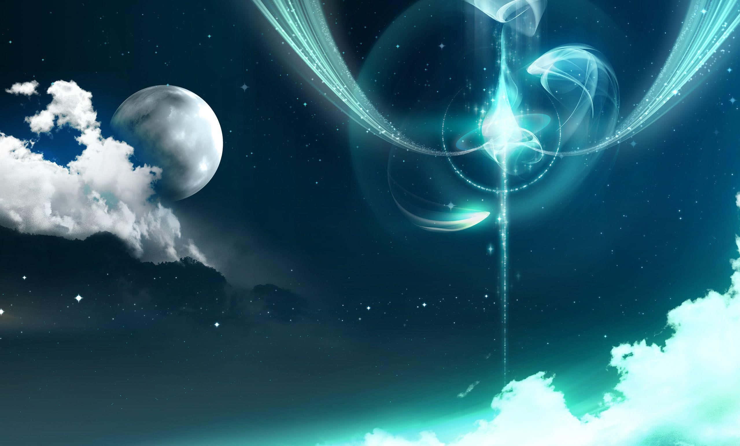 外太空 桌布 壁紙 — 一道發光的宇宙能量光束穿過雲層和星星，旁邊有一輪滿月，在超現實的夜空中。