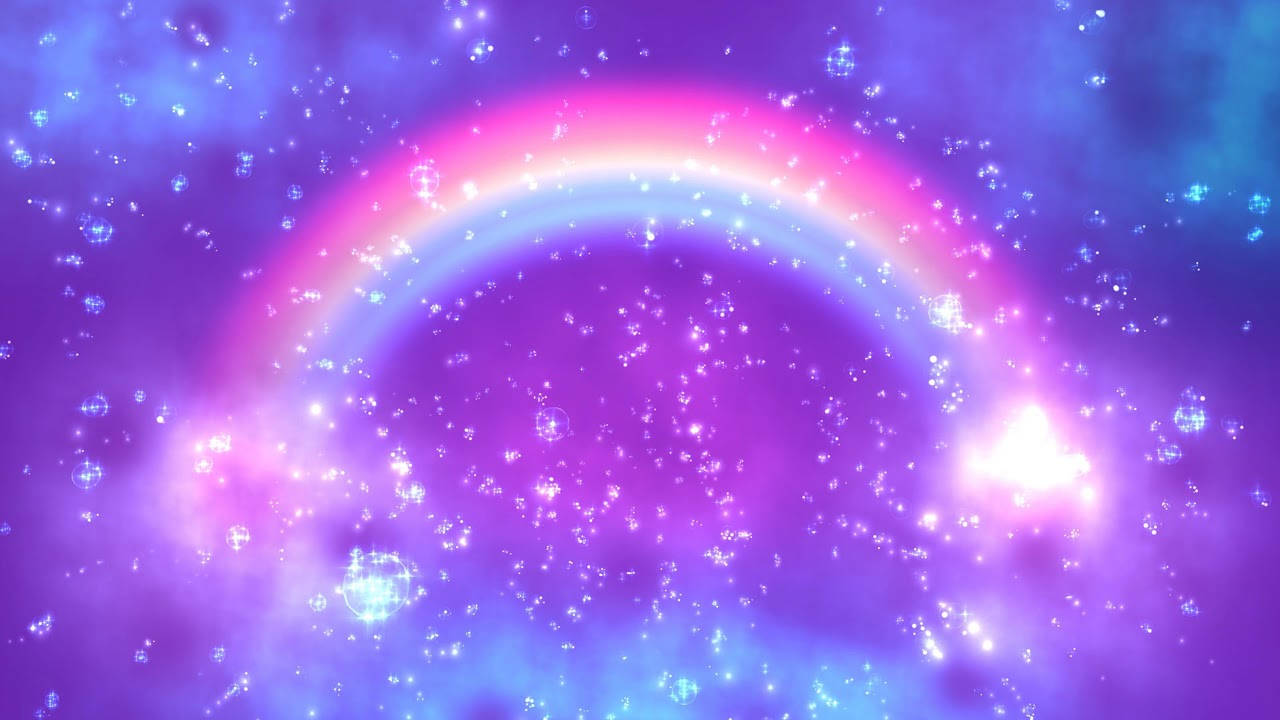 彩虹 桌布 壁紙 — 一道發光的彩虹拱形穿過充滿閃爍星星和星雲的宇宙天空，呈現鮮豔的紫色和粉紅色調。