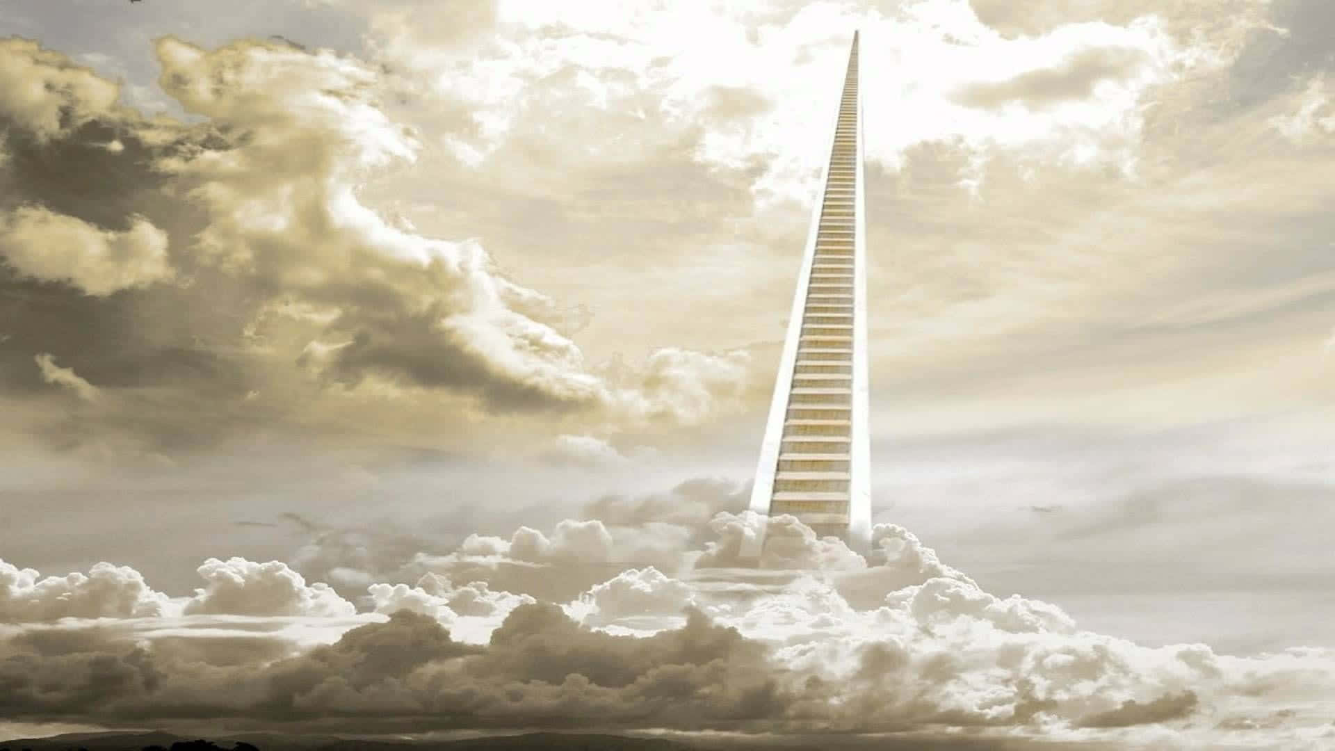 Heaven's Gate 桌布 壁紙 — 一道發光的樓梯穿過戲劇性的雲層，升向光芒四射的天空，構成超現實的天界場景。