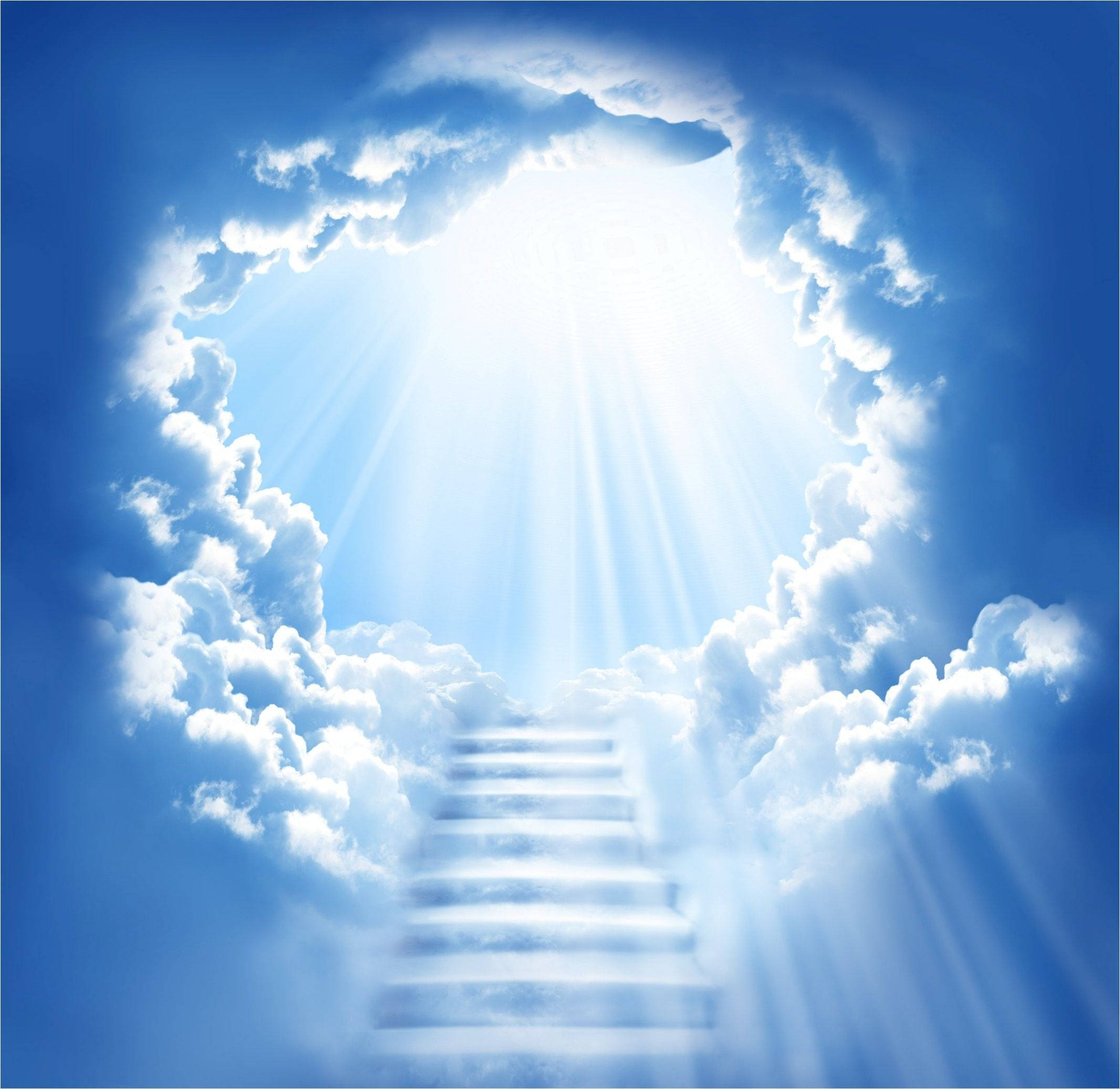 Heavenly Clouds 桌布 壁紙 — 一道發光的樓梯穿過蓬鬆白雲中的圓形開口，向著燦爛的天堂之光上升。