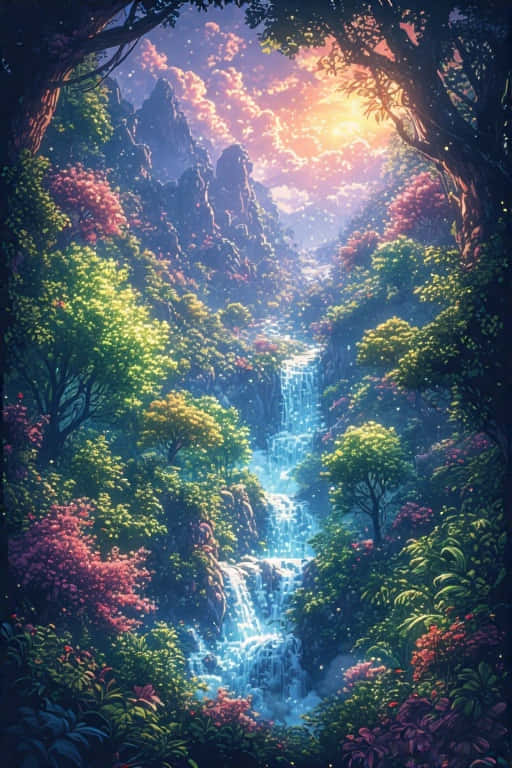Whimsical Forest Waterfall Adventure 壁紙 — 一道發光的瀑布穿過一個充滿活力的森林山谷，兩旁是高聳的樹木，在燦爛的日落天空下。
