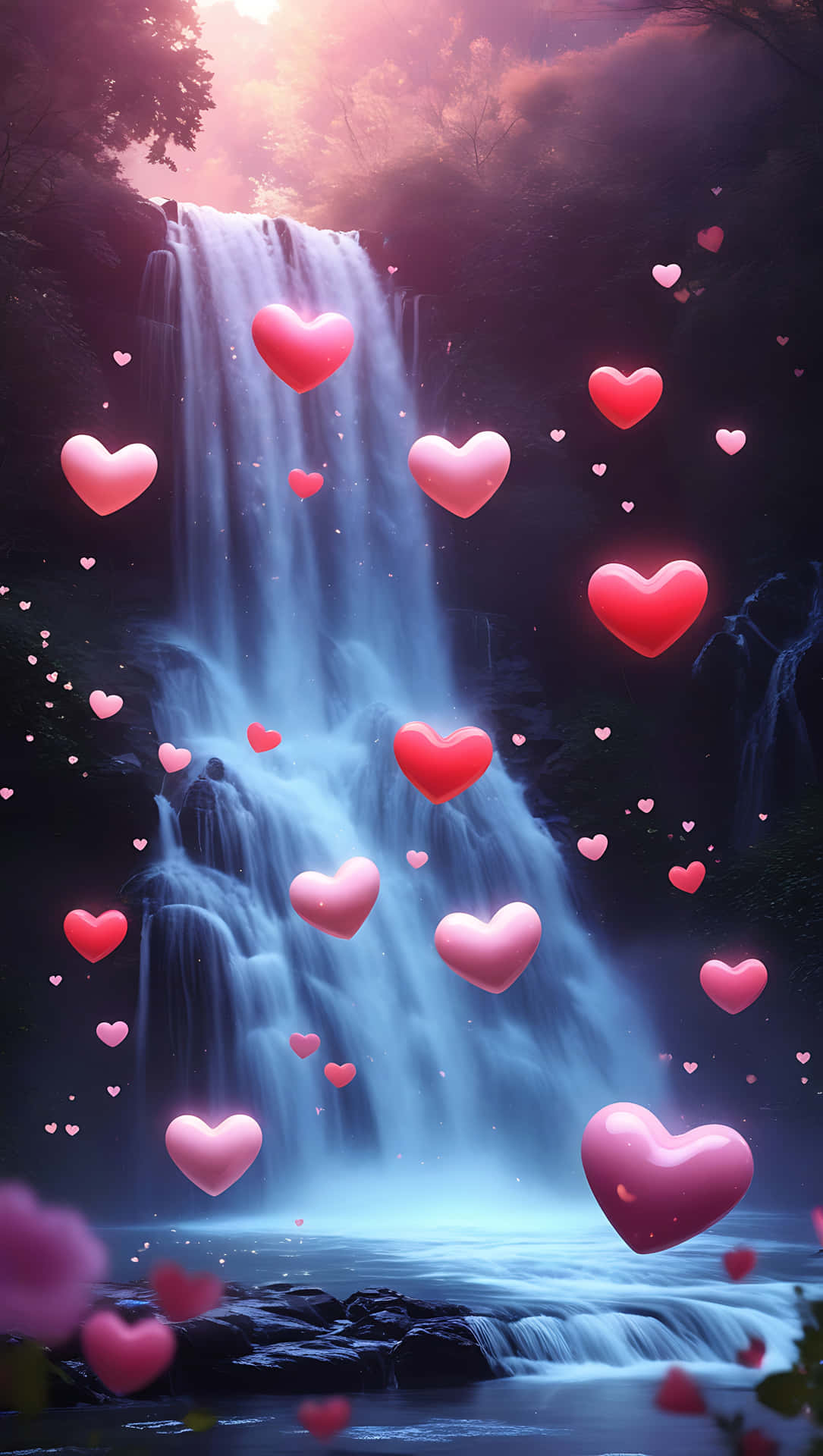 Floating Love Hearts Over Waterfall – Peaceful Romantic Wallpaper 壁紙 — 一道發光的瀑布穿過神秘的森林，發光的粉紅色心形輕輕漂浮在空中。