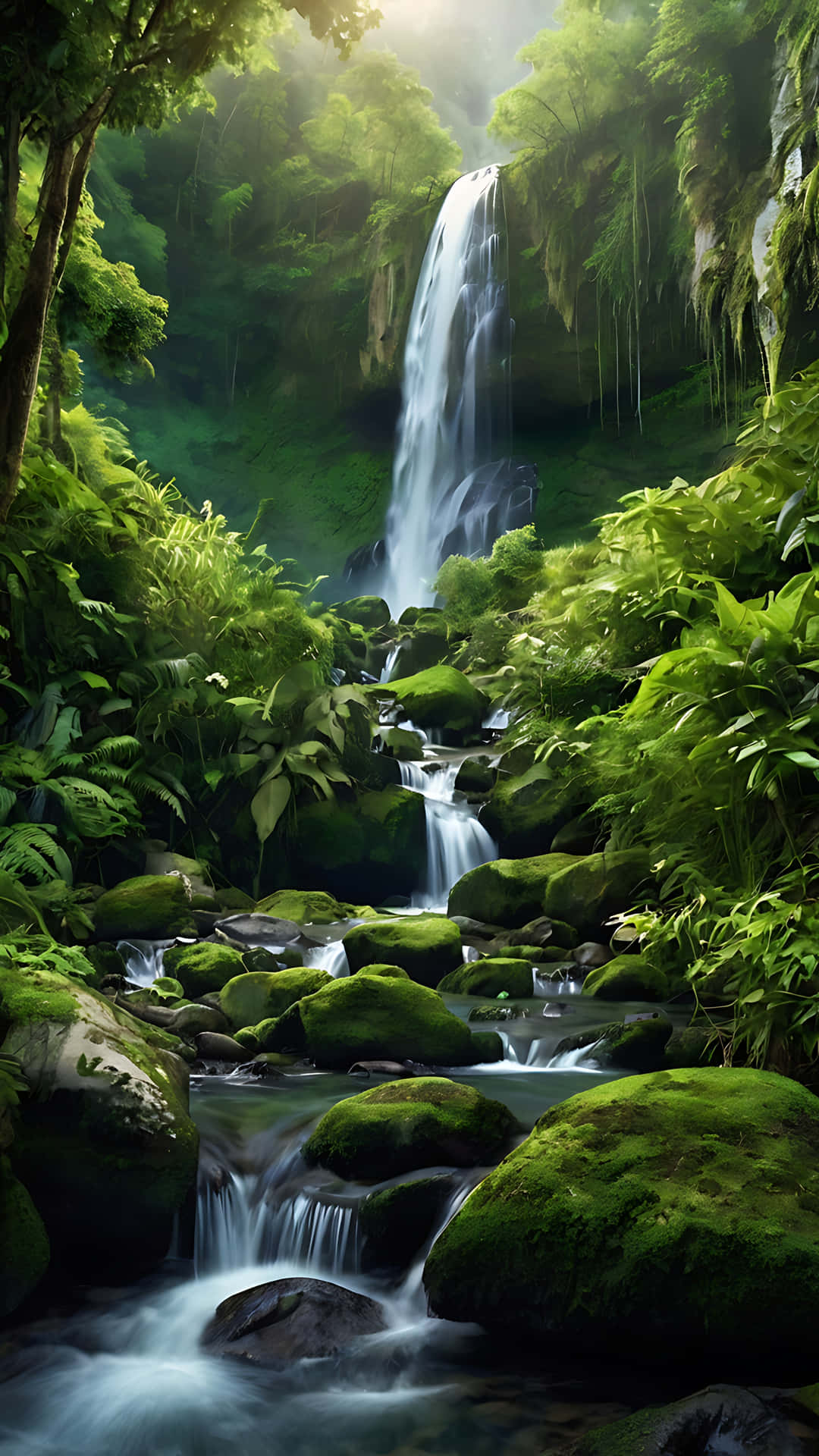 Mystical Waterfall Haven Amidst Verdant Hill. smartphone wallpaper 壁紙 — 一道發光的瀑布穿過茂密的翡翠叢林，佈滿苔蘚的岩石和斑駁的陽光透過樹冠灑落。