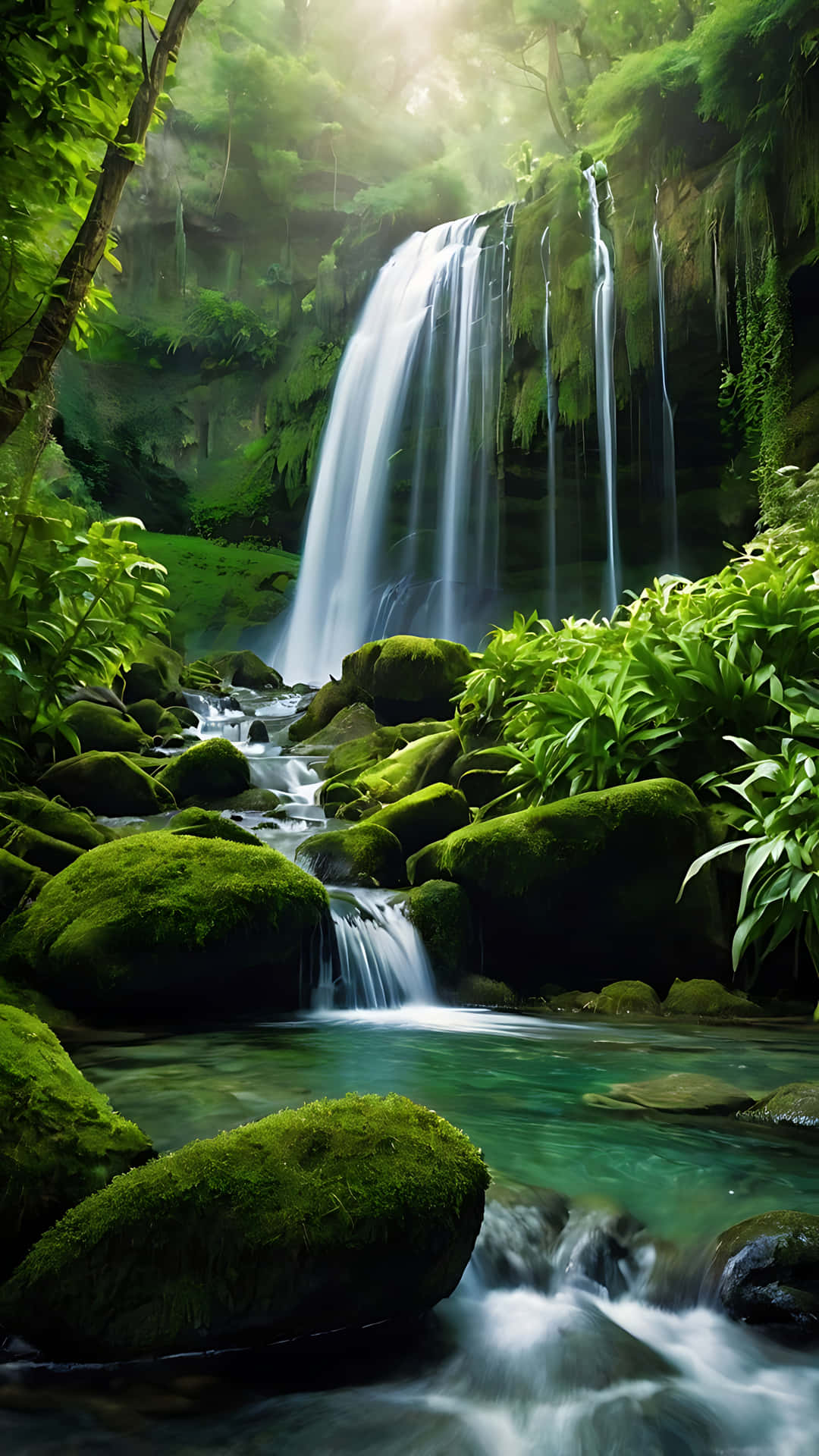Mystical Waterfall Haven Amidst Verdant Hill. smartphone wallpaper 壁紙 — 一道發光的瀑布穿過茂密的翡翠叢林，下方有長滿苔蘚的岩石和清澈的碧綠水池。
