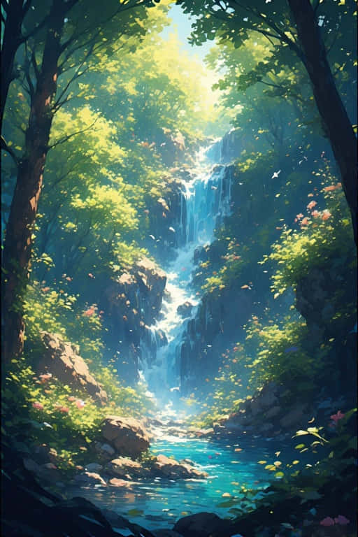 Whimsical Forest Waterfall Adventure 壁紙 — 一道發光的瀑布穿過陽光明媚的森林，下方有翠綠的樹木和藍綠色的水池。