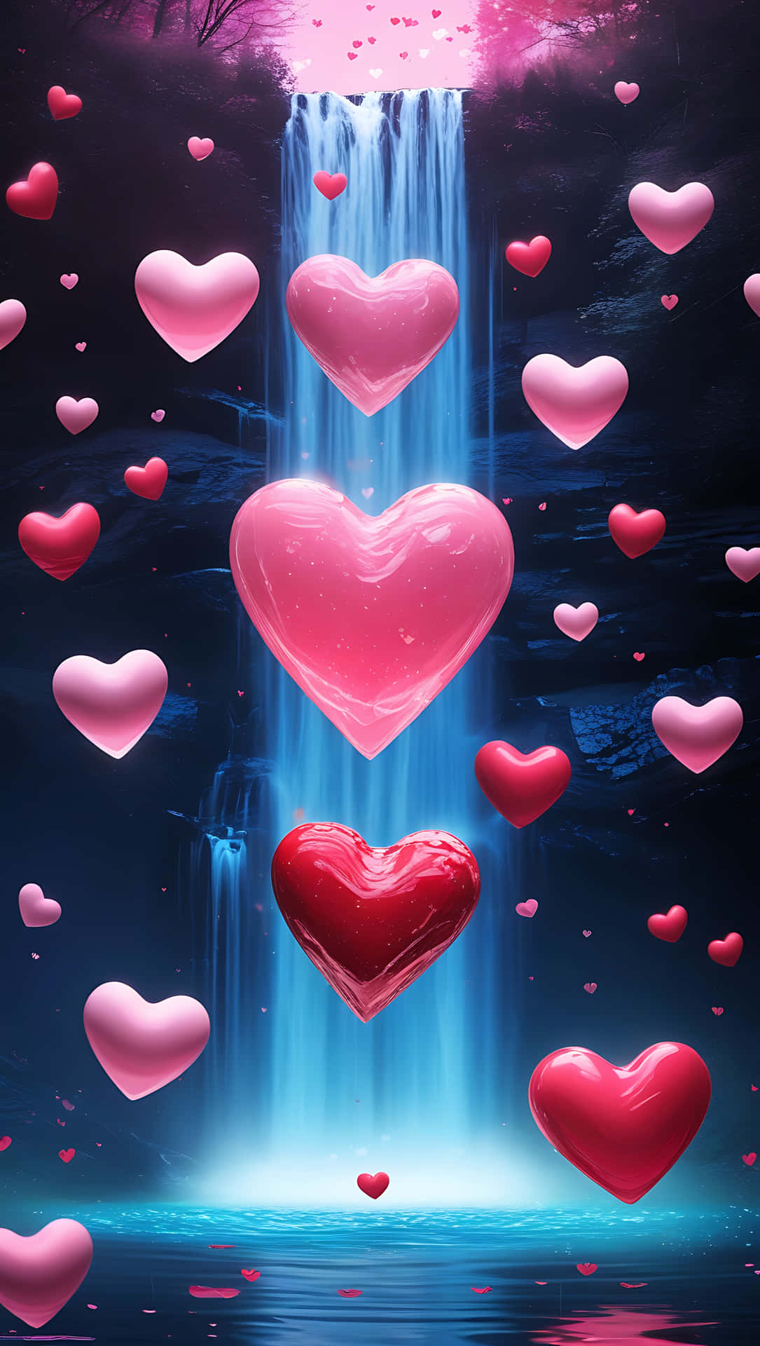 Floating Love Hearts Over Waterfall – Peaceful Romantic Wallpaper 壁紙 — 一道發光的瀑布穿過黑暗的森林傾瀉而下，發光的粉紅色和紅色心形在其閃爍的藍色溪流周圍漂浮和漂流。