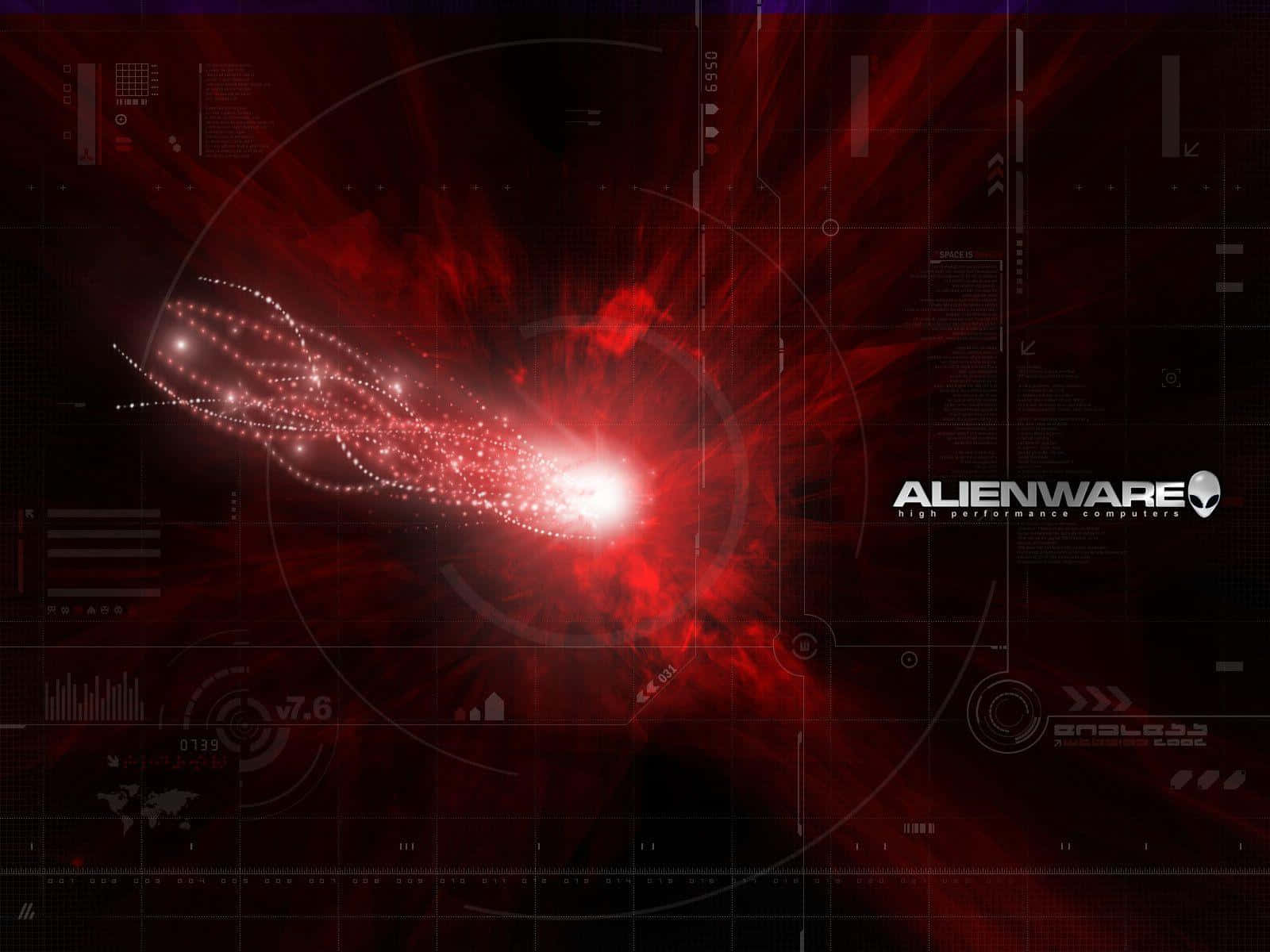 外星人 桌布 壁紙 — 一道發光的紅色能量爆發劃過帶有Alienware品牌和未來風格HUD元素的黑暗數位介面。