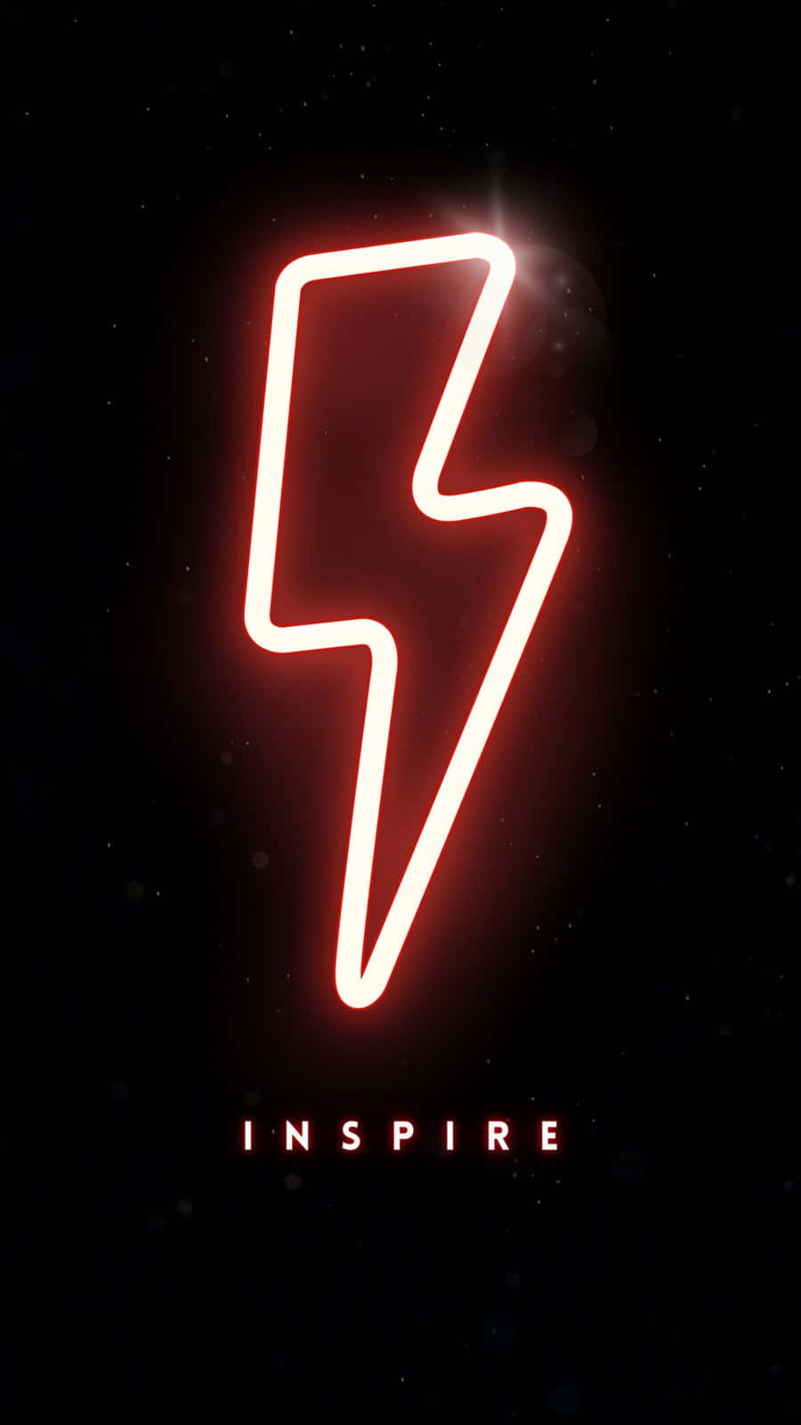 Neon Aesthetic Phone 桌布 壁紙 — 一道發光的紅色霓虹閃電在佈滿星星的黑色背景上閃耀，下方有 inspire 字樣。