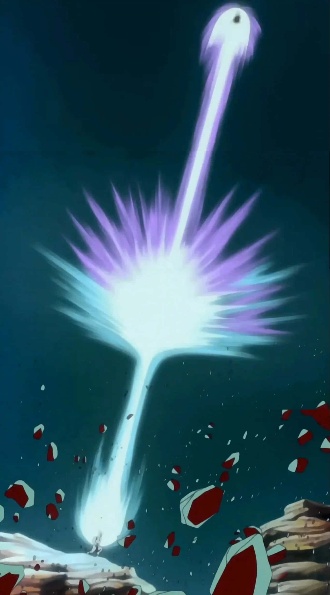 Vegeta's Galick Gun 桌布 壁紙 — 一道發光的紫色和白色能量光束從岩石表面噴出，將碎片拋向深藍綠色的背景。
