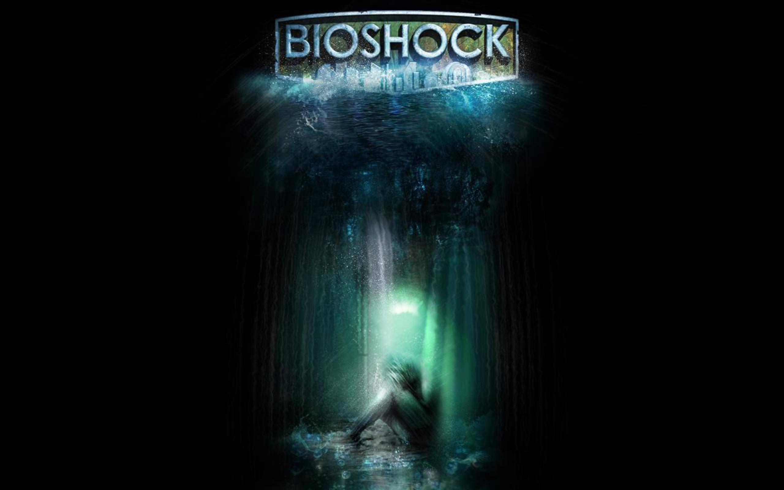 bioshock 4K 桌布 壁紙 — 一道發光的綠色光芒刺穿黑暗的水下深處，一個陰影人物跪在「Bioshock」標誌下方。