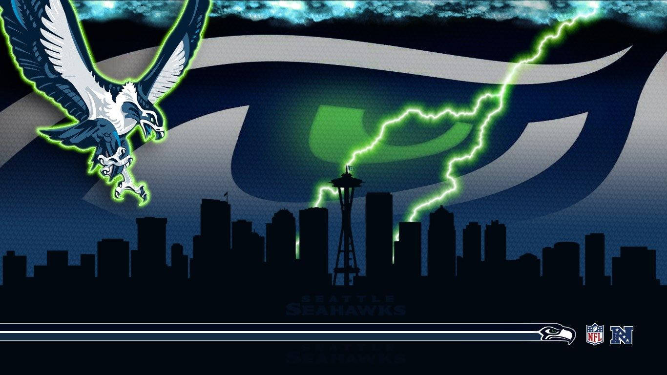 Seattle Seahawks 桌布 壁紙 — 一道發光的綠色閃電擊穿西雅圖海鷹隊標誌，疊加在夜晚的城市天際線上。