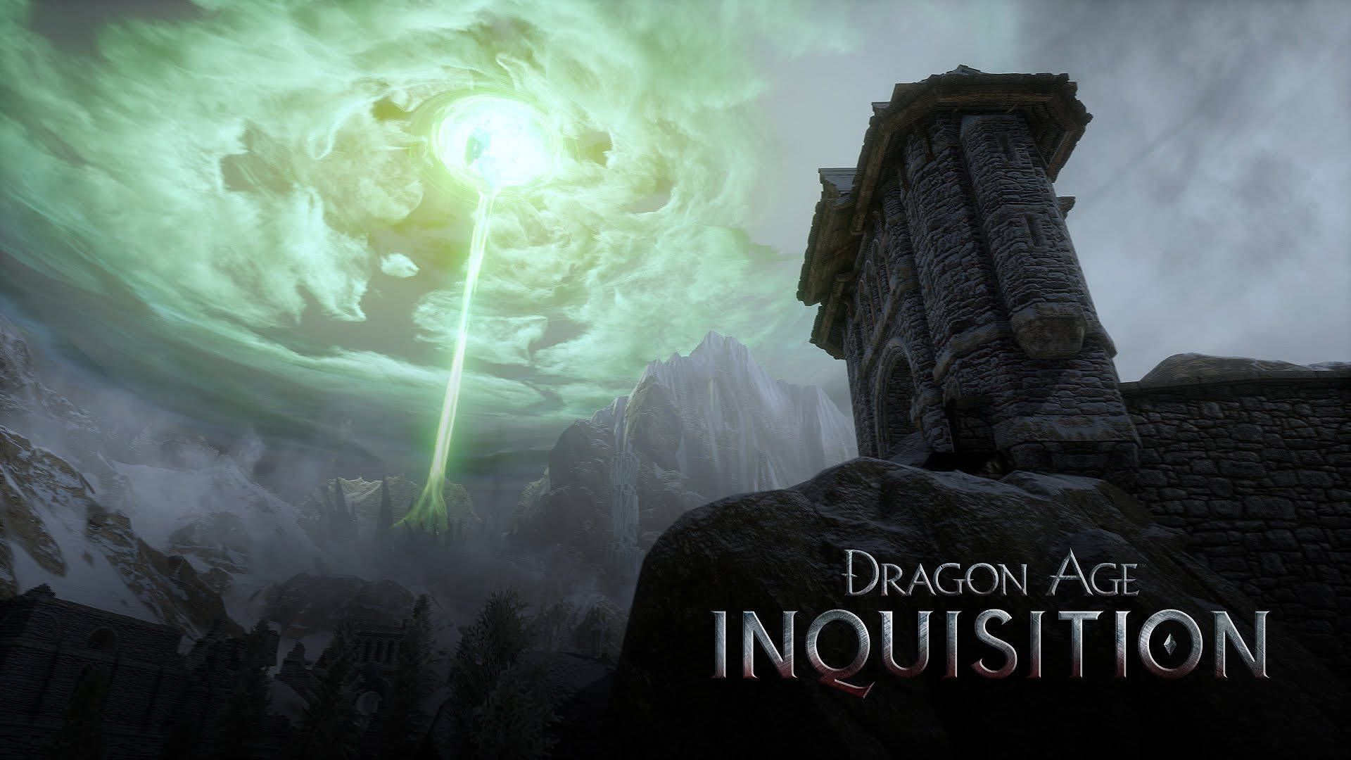 Inquisition 桌布 壁紙 — 一道發光的綠色魔法光束穿過暴風雨的天空，照耀在白雪覆蓋的山脈和古老的石塔之上。