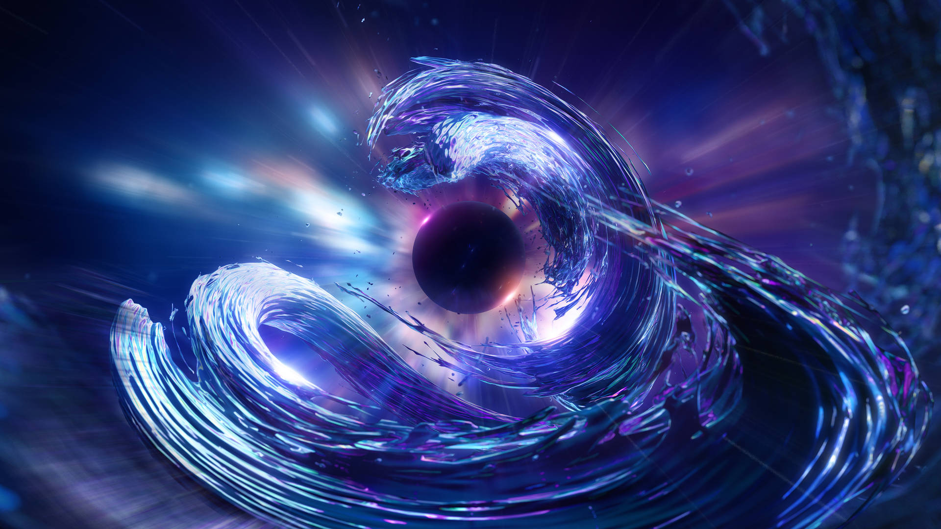 一道圍繞黑暗球體旋轉的藍色和紫色能量宇宙波。 — 暗色抽象動態圖 壁紙