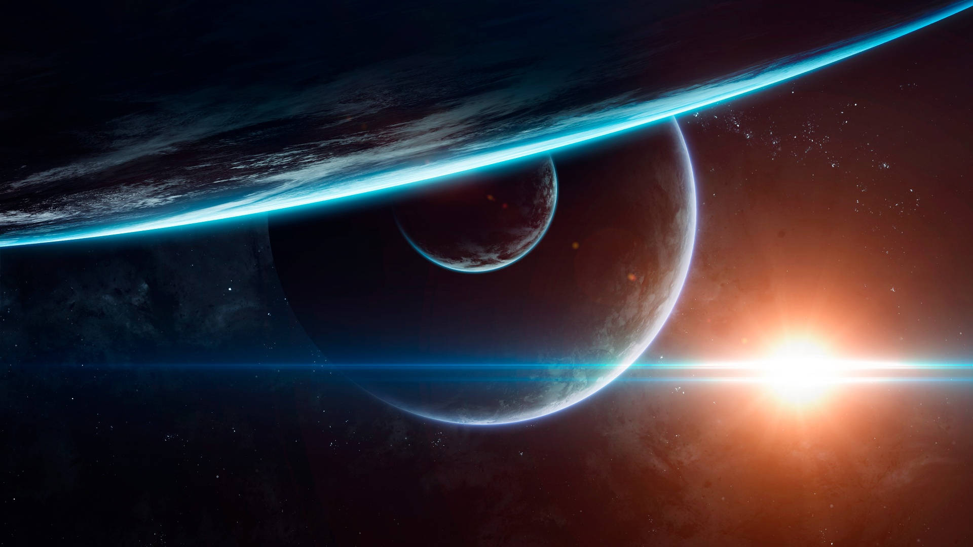 宇宙美學 桌布 壁紙 — 一道發光的藍色大氣邊緣環繞著一顆行星和一顆較小的衛星，而一顆明亮的太陽在深空中於其後閃耀。