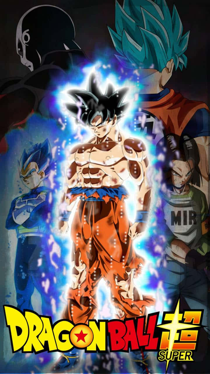 Tournament Of Power 桌布 壁紙 — 一道發光的藍色氣場包圍著悟空，他以超級賽亞人藍的形態與貝吉塔及其他七龍珠超角色英勇地站立。