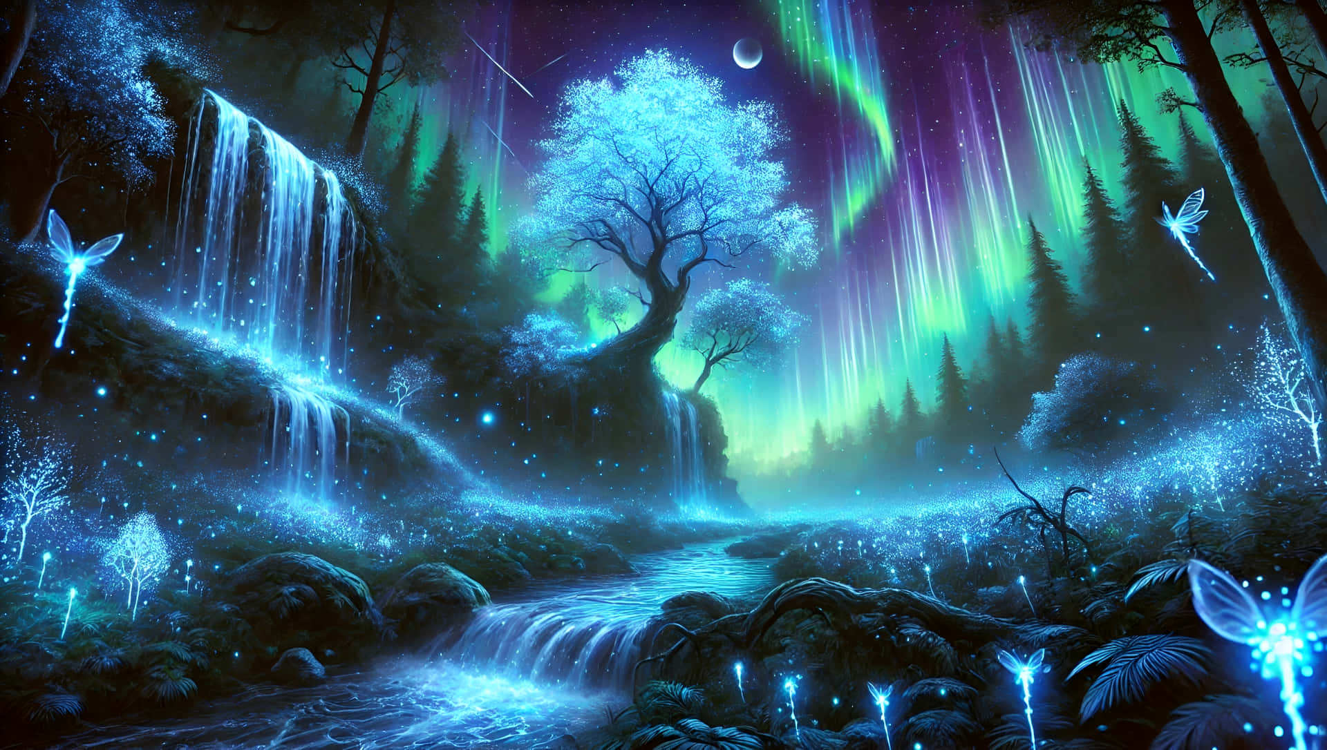 Mystical fantasy landscape with an enchanted glowing forest and auroras 壁紙 — 一道發光的藍色瀑布穿過神秘森林，在充滿活力的北極光、螢火蟲和彎月下流淌。