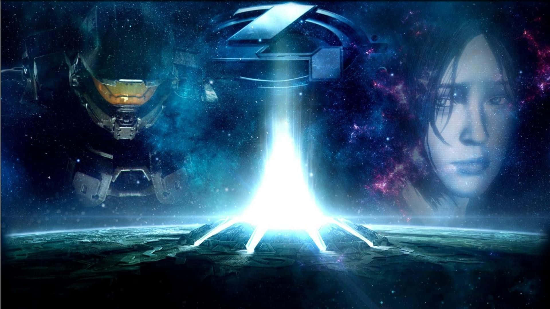 Halo Cortana 桌布 壁紙 — 一道發光的藍色能量光束從太空中的石質基座噴射而出，一名裝甲士兵和一個女人的臉龐在宇宙背景中隱現。
