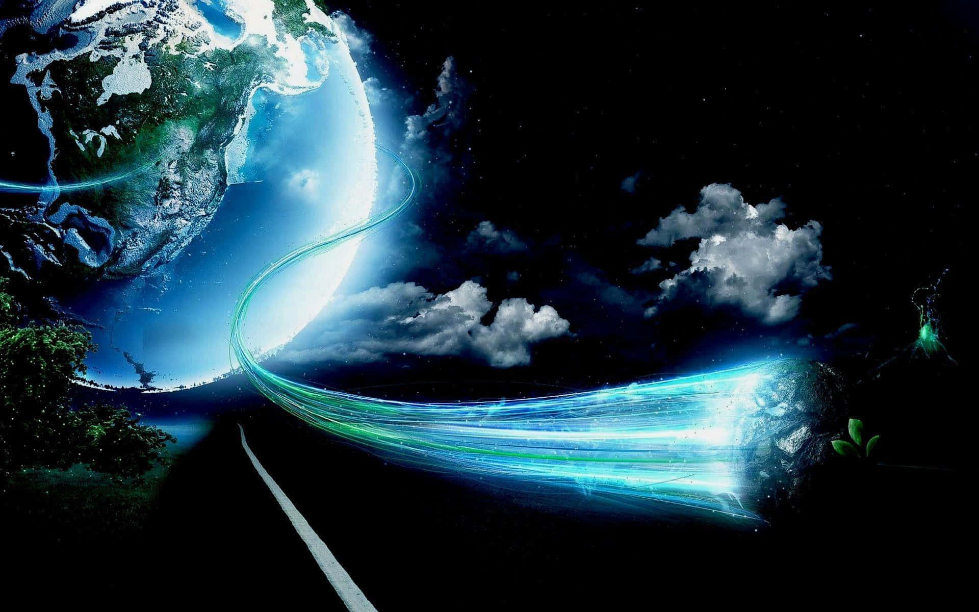 酷炫太空 桌布 壁紙 — 一道發光的藍色能量流從地球穿過星空，在一條通往宇宙雲層的道路上方劃出弧線。
