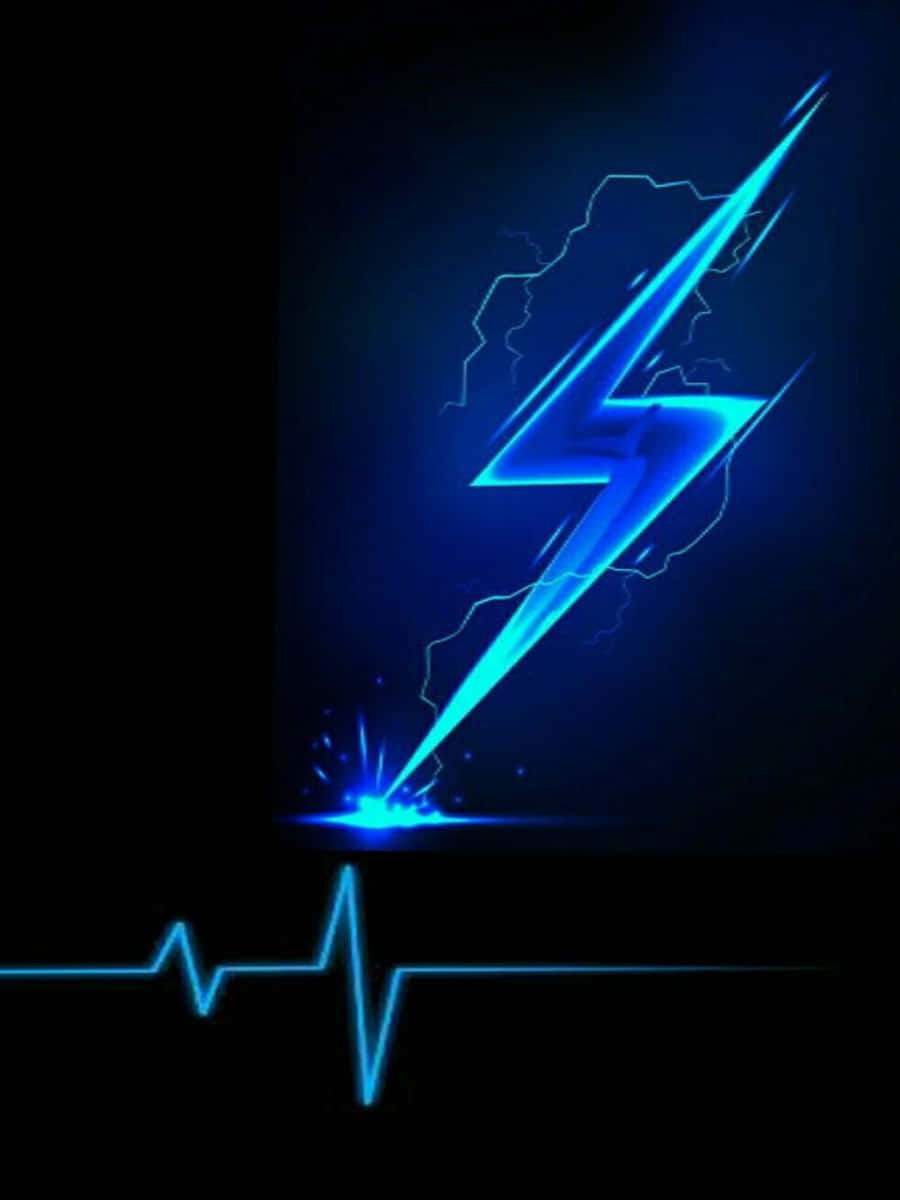 Neon Lightning 桌布 壁紙 — 一道發光的藍色閃電從黑暗的天空劈下，落在脈動的心跳監測線上方。