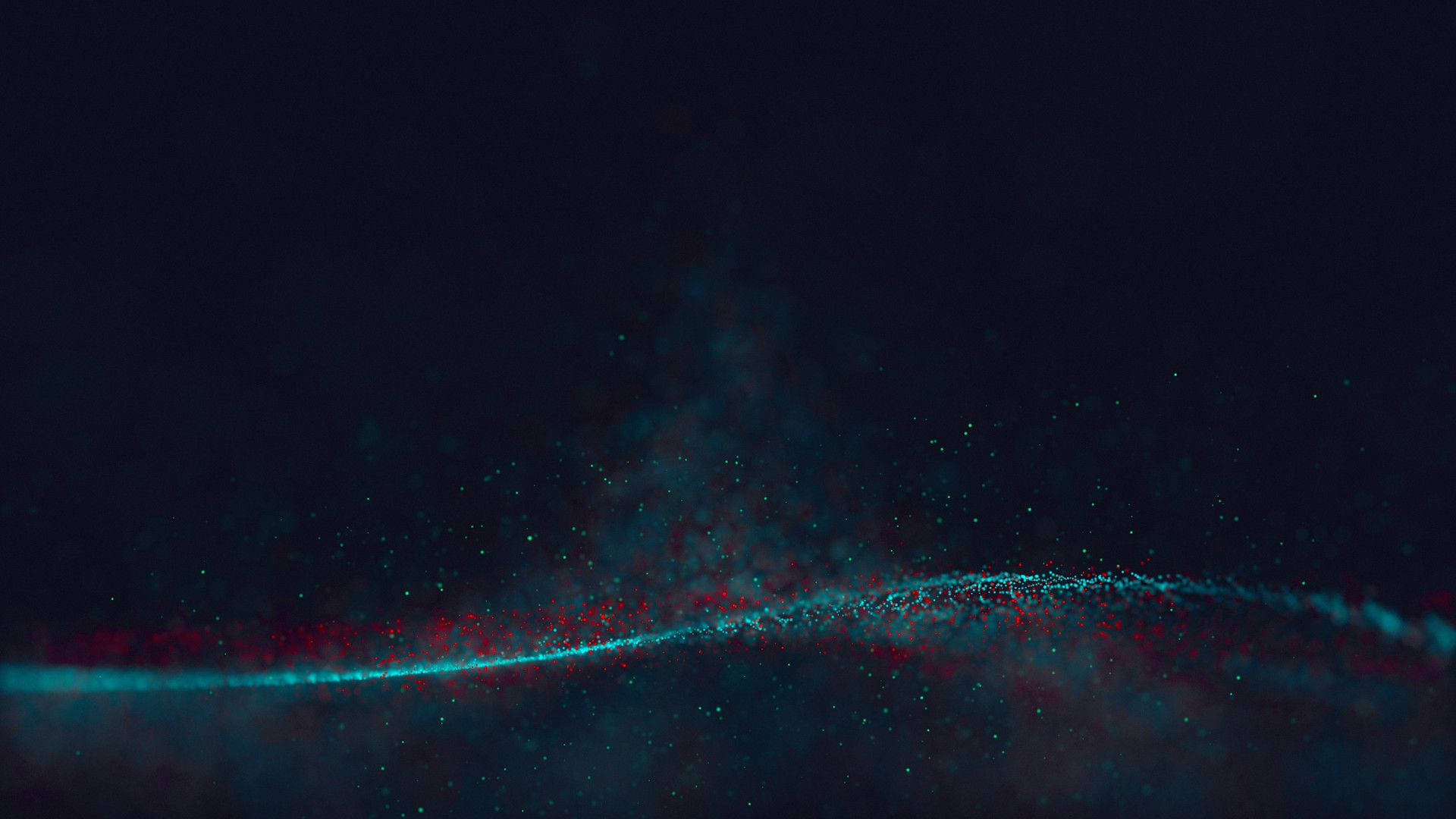科學 桌布 壁紙 — 一道發光的青綠色和紅色粒子波浪流過黑暗的宇宙虛空，散佈著斑點。