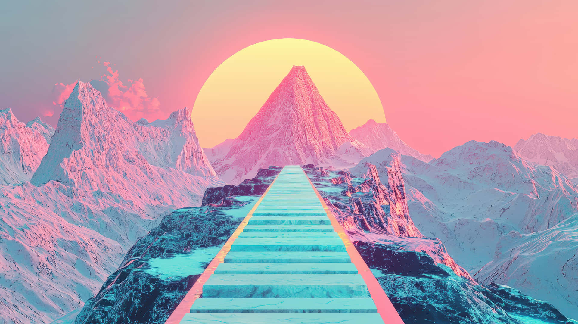 A surreal digital artwork of a futuristic mountain landscape with a glowing sun, pastel tones 壁紙 — 一道發光的青色樓梯穿過積雪的山脈，通往光芒四射的粉紅色和黃色太陽。