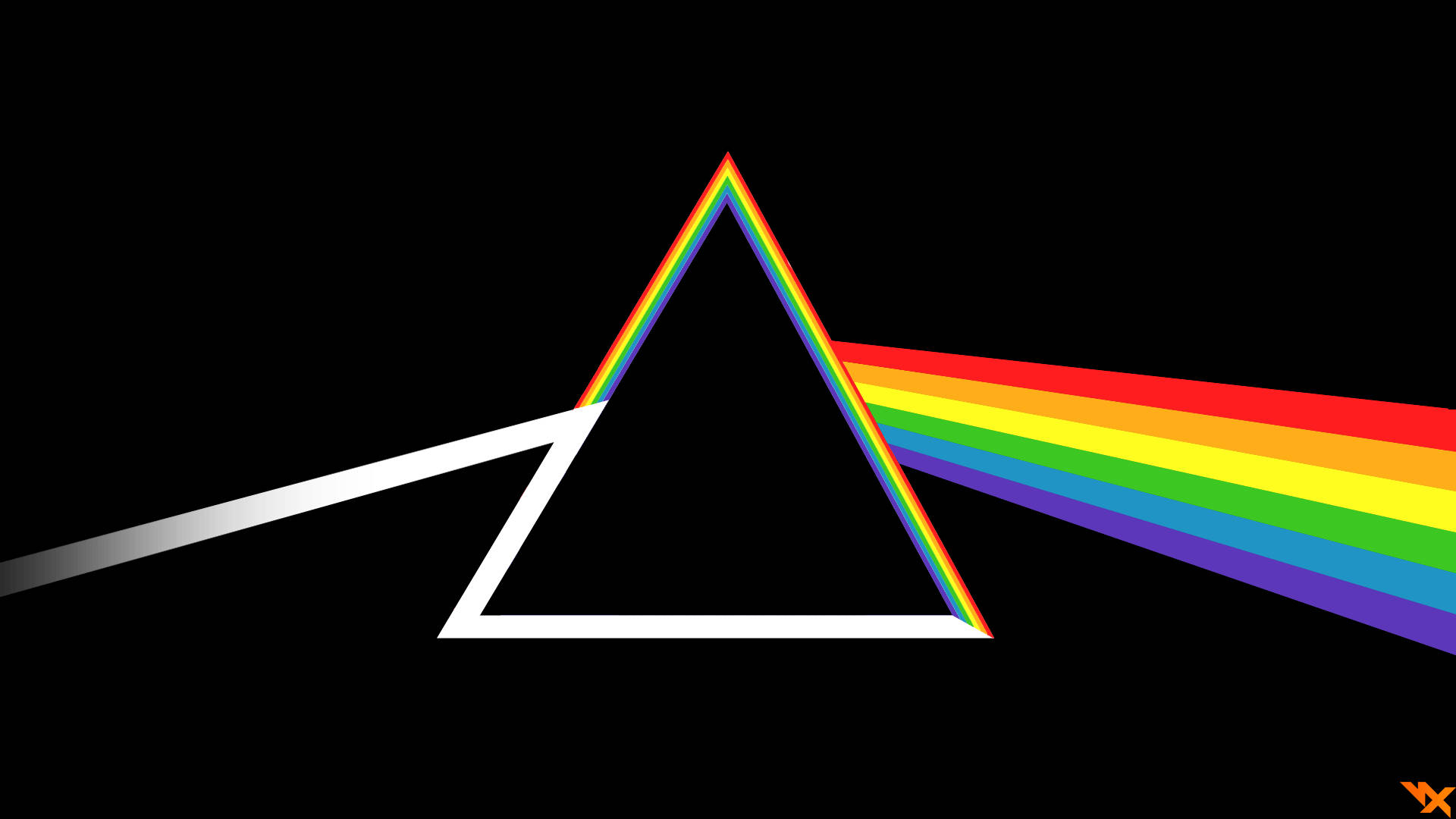 LGBT 桌布 壁紙 — 一道白光穿過黑色三角稜鏡，在黑暗背景上分裂成鮮豔的彩虹光譜。