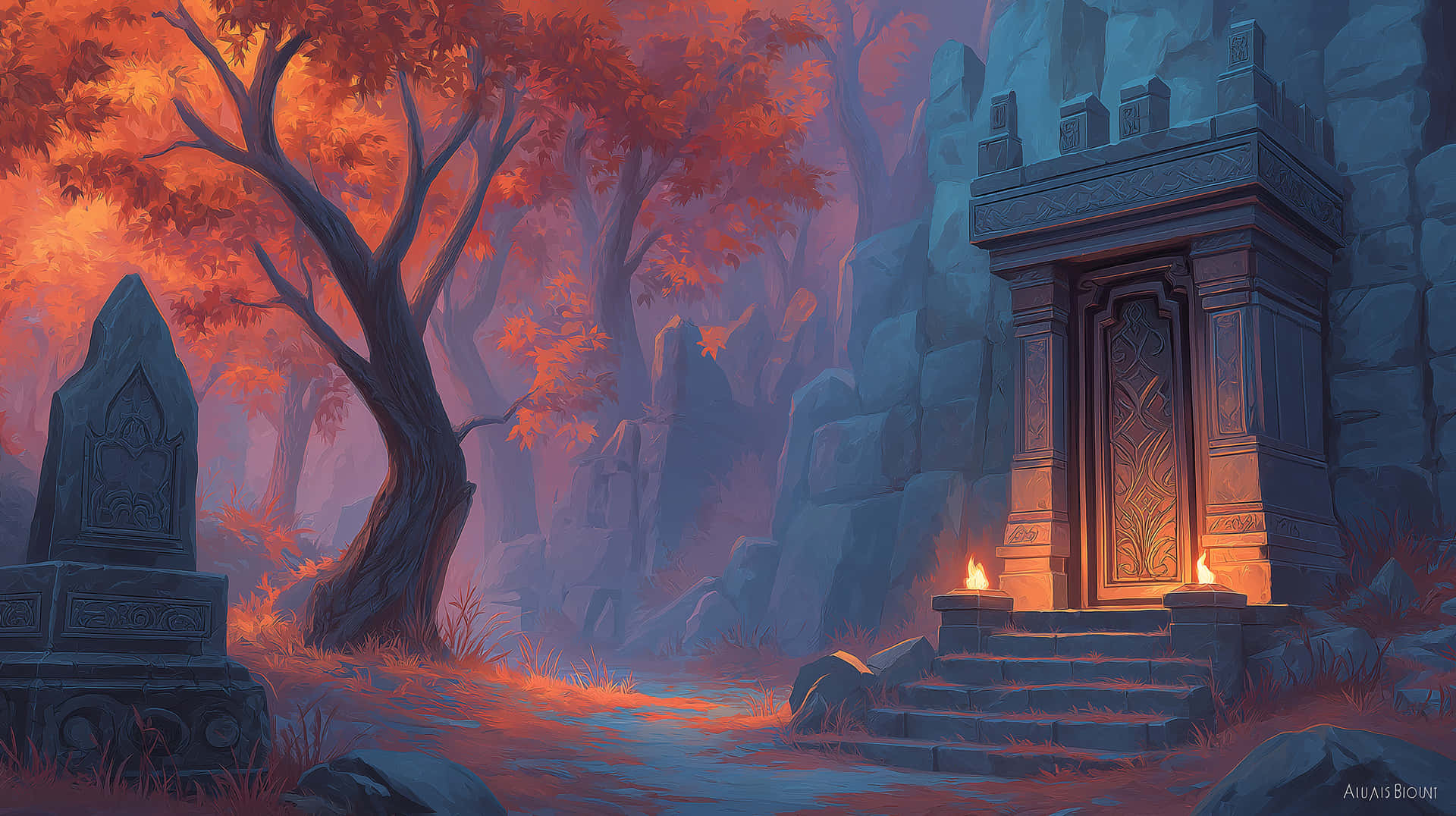 Ancient Forest Gateway 壁紙 — 一道神秘的石廟門在暮色森林中溫暖地發光，周圍有火紅的橙色樹木和霧藍色的岩石。