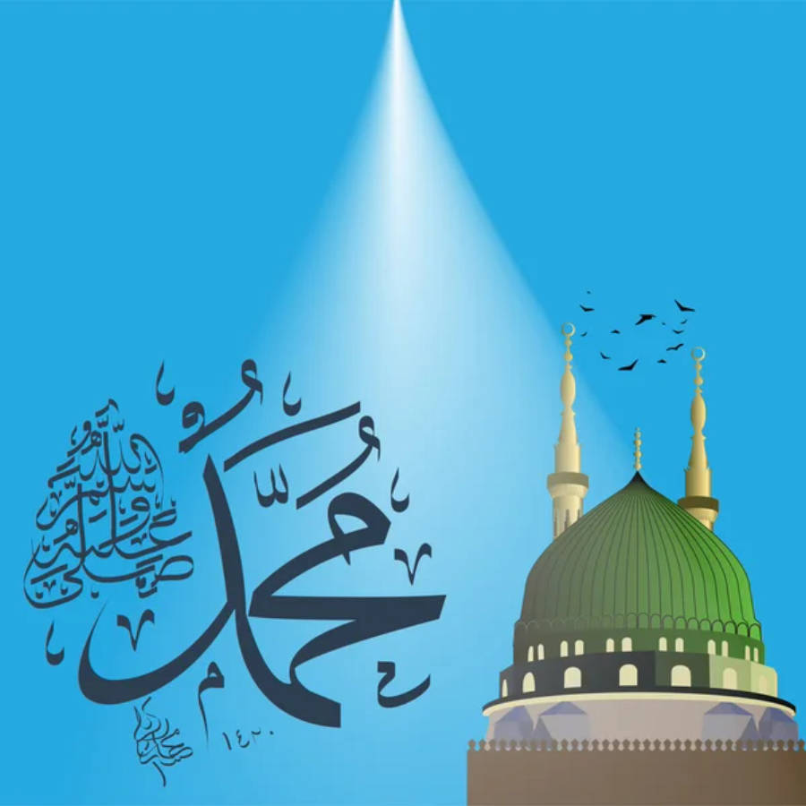 Madina 桌布 壁紙 — 一道耀眼的光束照亮了阿拉伯書法和綠色圓頂清真寺，背景是晴朗的藍天和飛鳥。