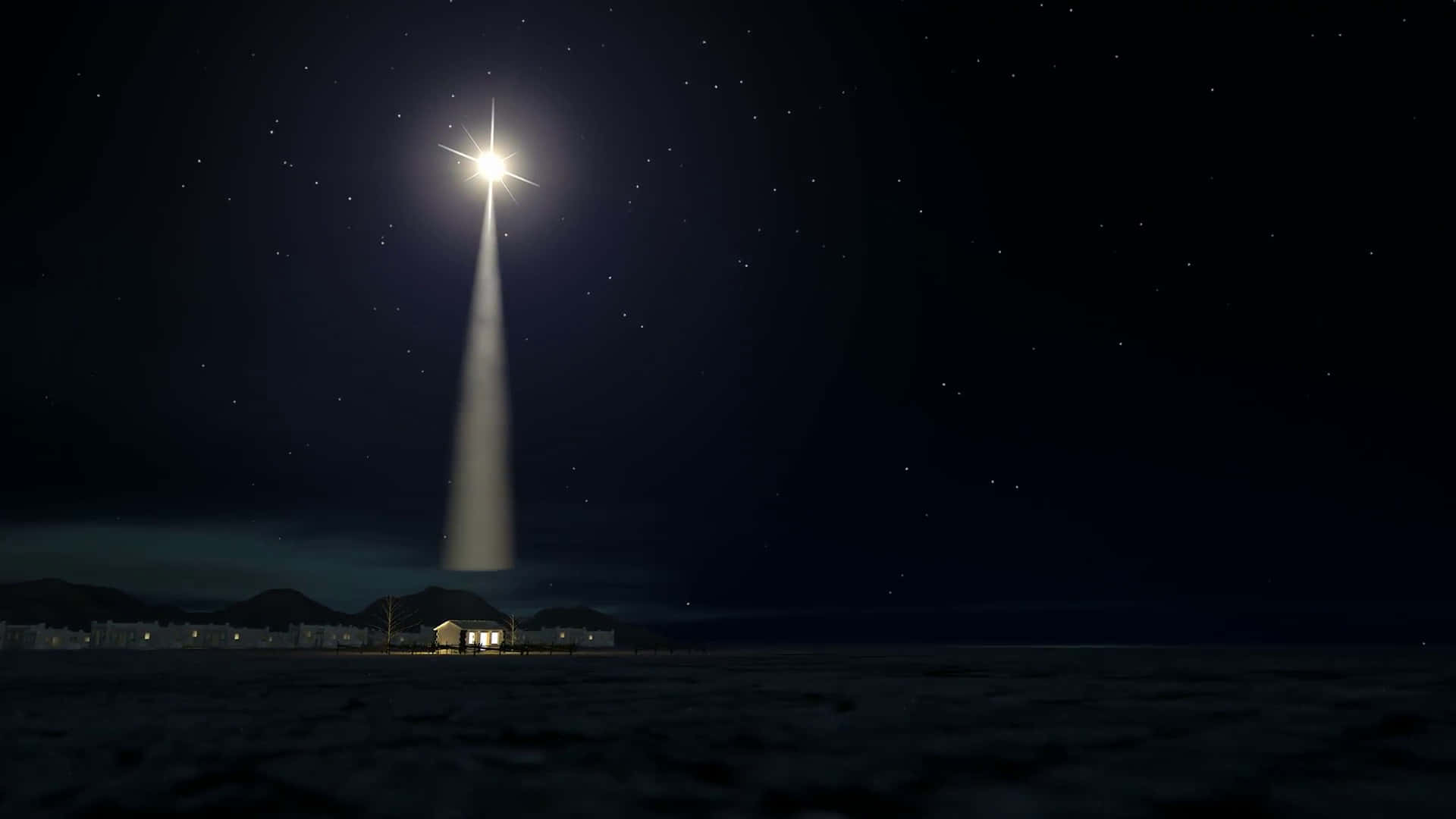 Nativity Scene 桌布 壁紙 — 一道耀眼的光芒從繁星點點的夜空降臨在寧靜的沿海村莊之上。