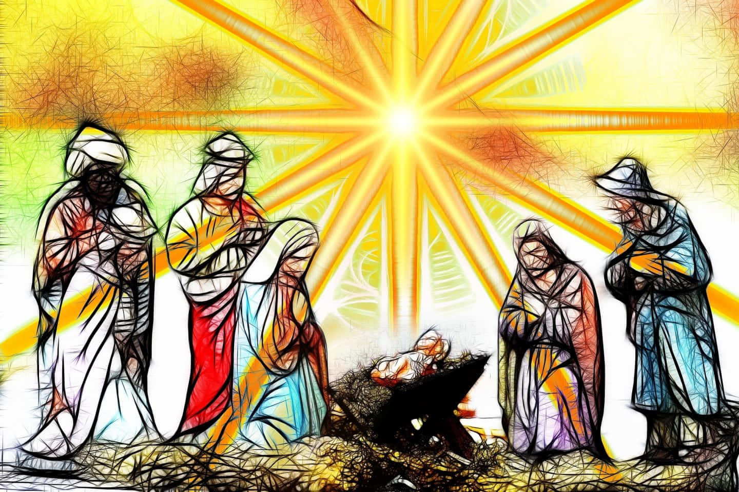 Religious Christmas 桌布 壁紙 — 一道耀眼的星爆照亮了一個風格化的耶穌降生場景，人物聚集在一個有嬰兒的馬槽周圍。