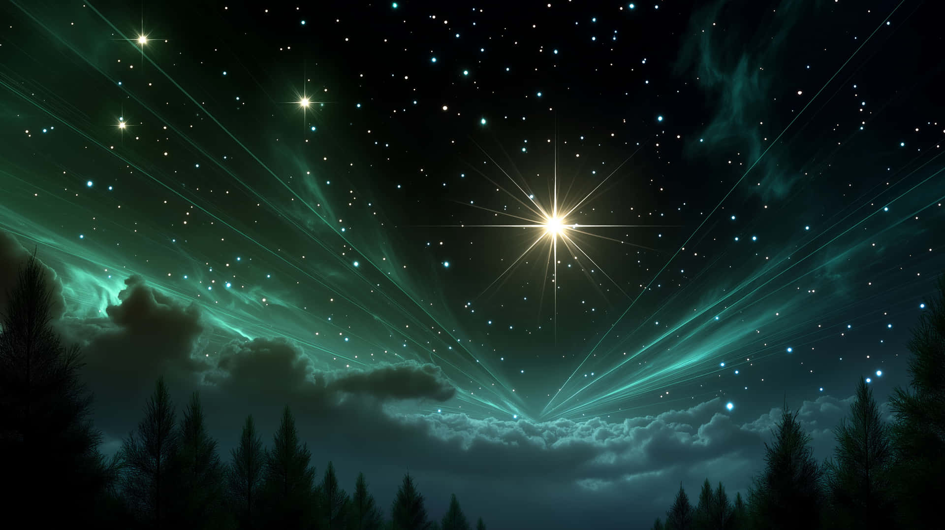 Celestial Night Sky with Radiant Starbeams 壁紙 — 一道耀眼的星爆穿透了佈滿星星的夜空，夜空中有鮮綠色的極光劃過，在黑暗森林剪影之上。