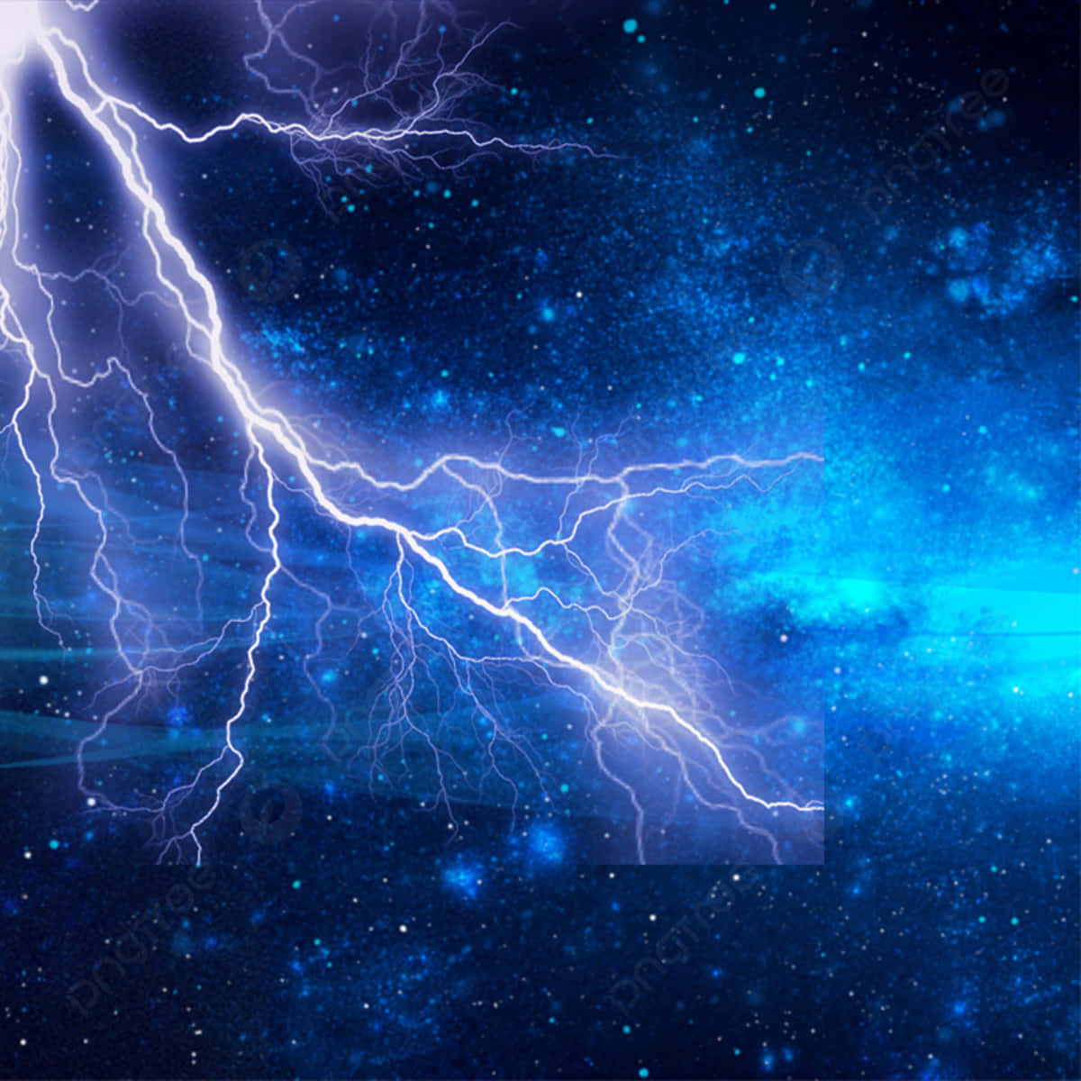 閃電 桌布 壁紙 — 一道耀眼的白色閃電叉開，劃過充滿發光恆星和宇宙塵埃的宇宙藍色星雲。