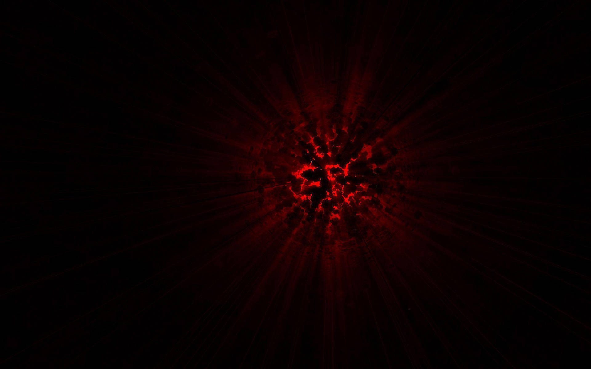 Cool Red And Black 桌布 壁紙 — 一道耀眼的紅色宇宙爆炸從中心點爆發，在漆黑虛空中帶有尖銳的放射光束。