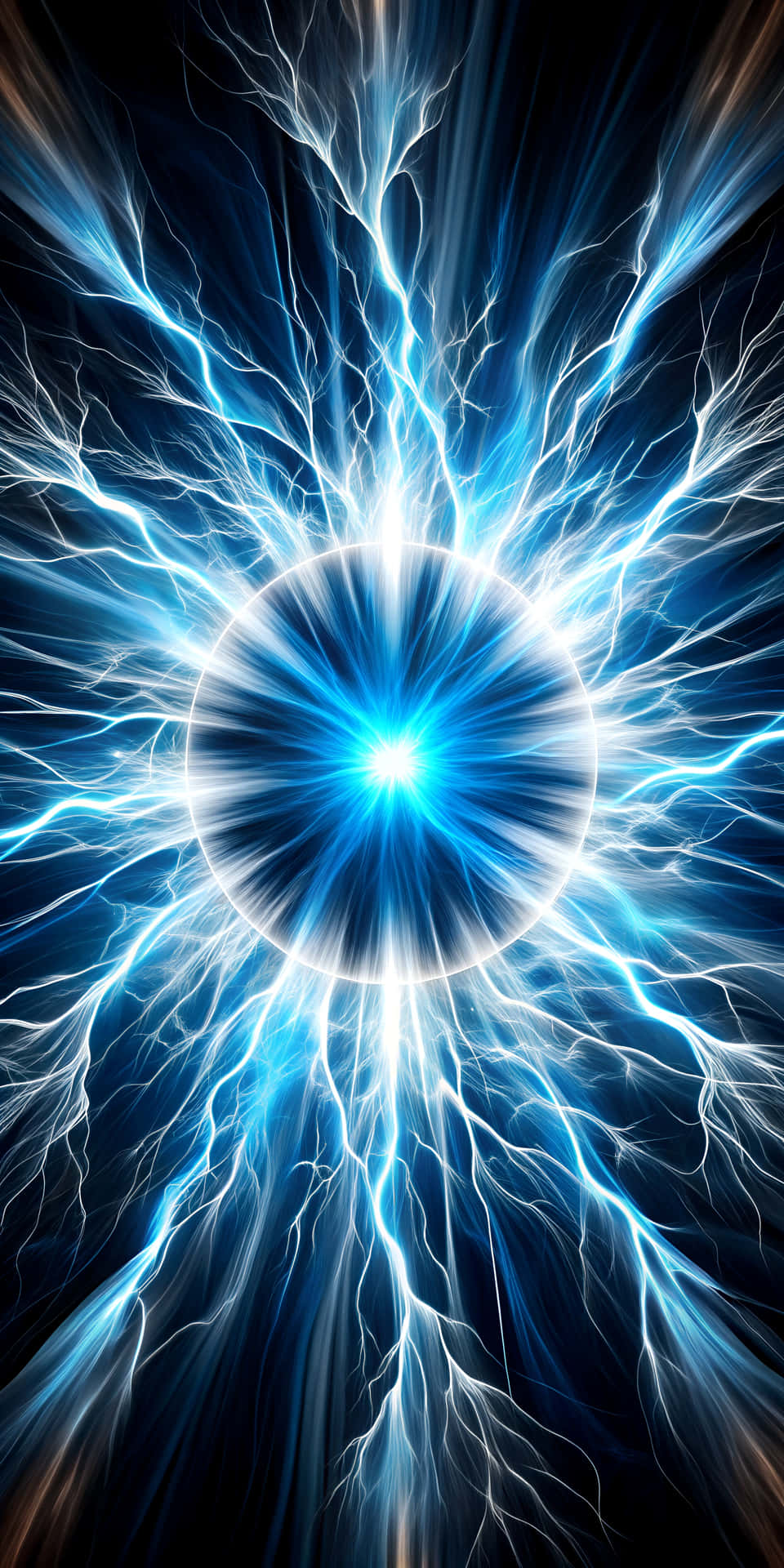 blue abstract lighting on black background 壁紙 — 一道耀眼的藍色閃電從發光的圓形核心中爆發，背景為黑暗。