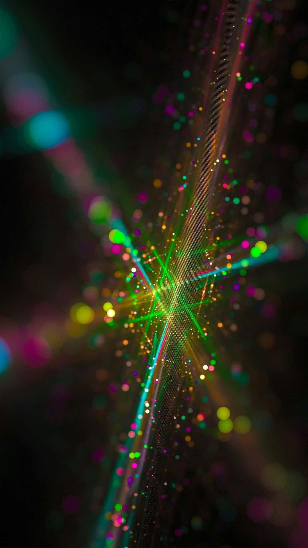 Light Effect 桌布 壁紙 — 一道耀眼的螢光綠色光芒劃破黑暗虛空，在宇宙爆炸中散落色彩繽紛的散景粒子。