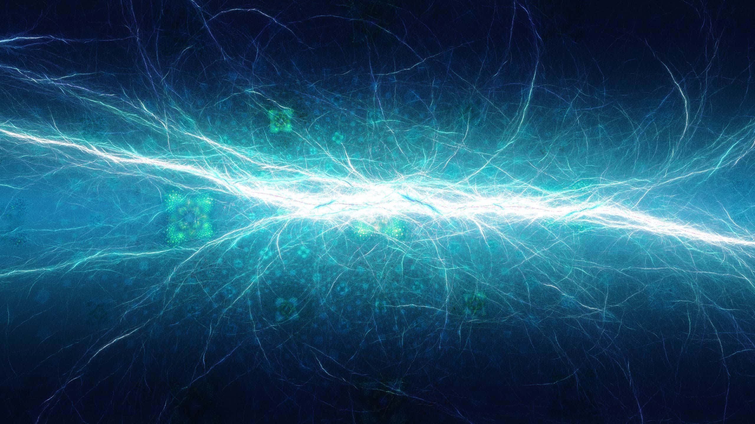 Aesthetic YouTube Banner 桌布 壁紙 — 一道耀眼的電光劈開深藍色的虛空，周圍漂浮著發光的綠色數據碎片。