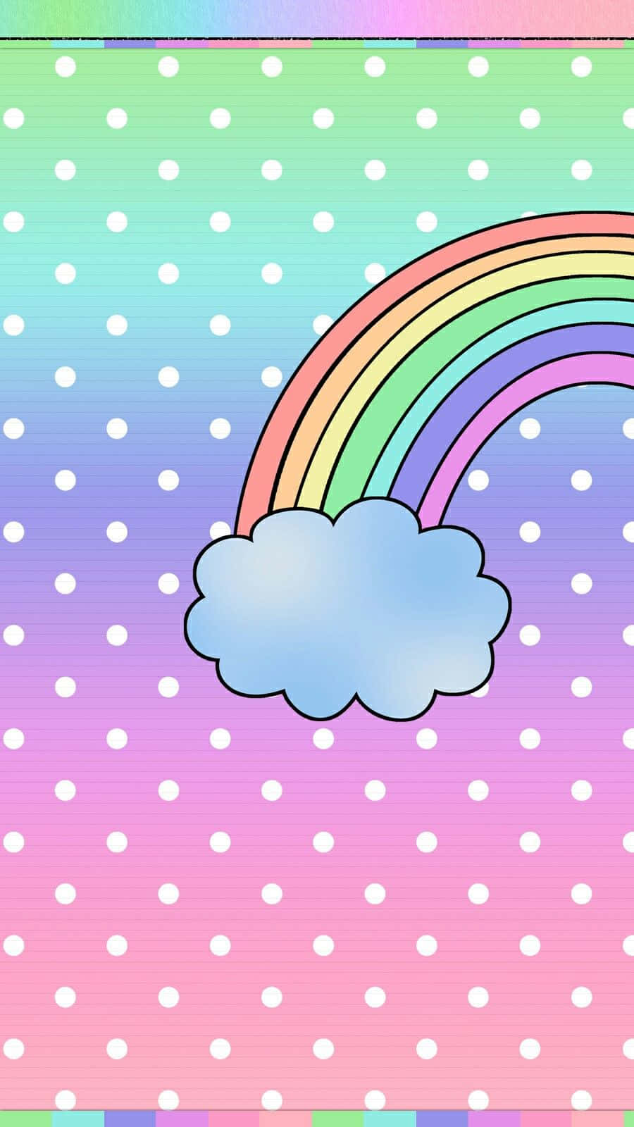 Kawaii Rainbow 桌布 壁紙 — 一道色彩繽紛的卡通彩虹從一朵蓬鬆的雲朵中拱起，背景是帶有白色圓點的漸層粉彩天空。
