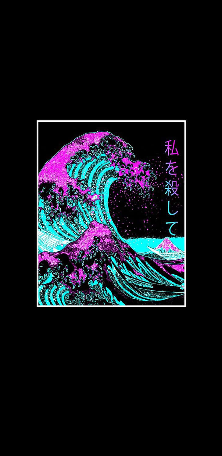 LED 桌布 壁紙 — 一道螢光粉紅和青色波浪撞擊黑色背景，右側有日文字。