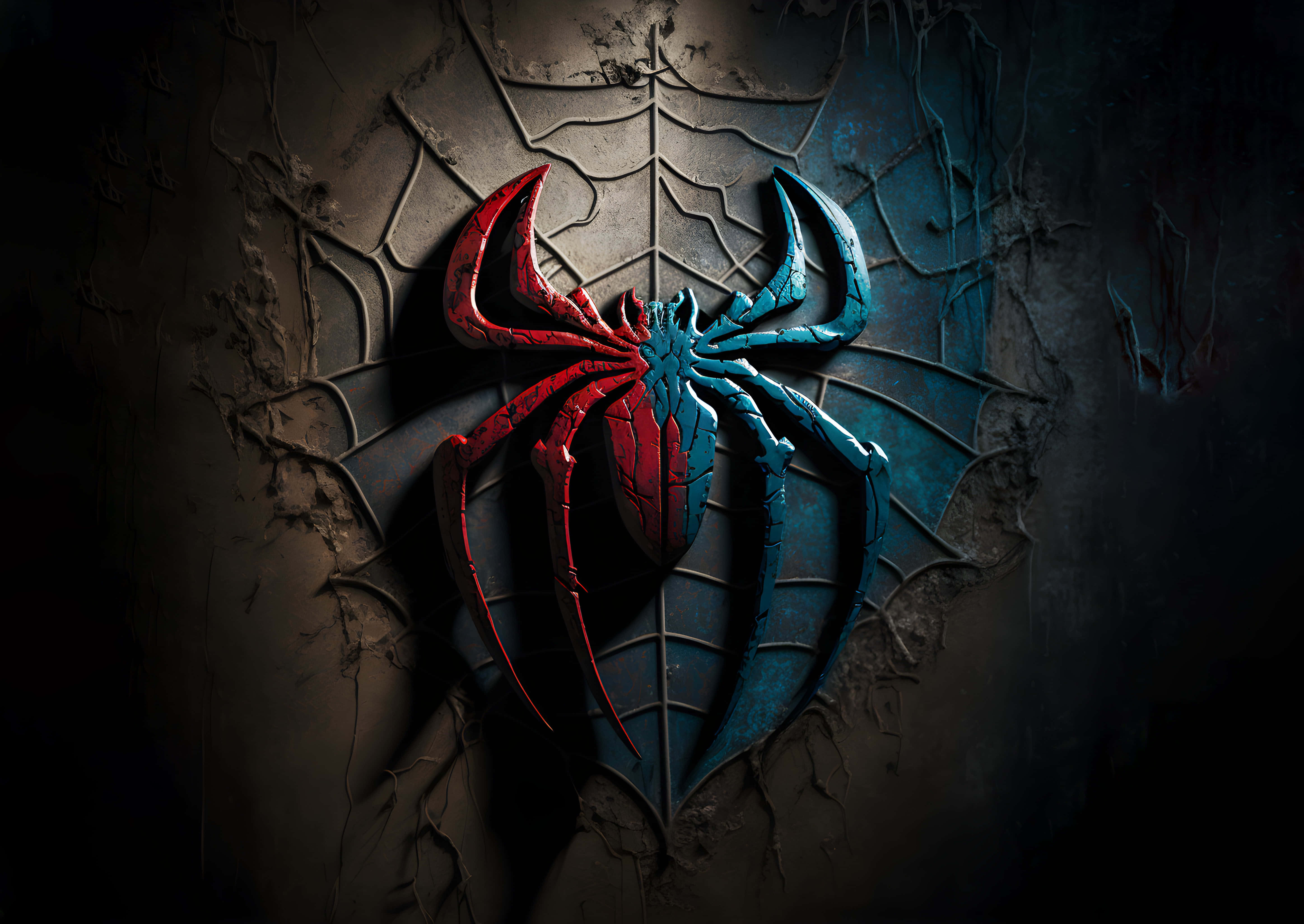 Spider 桌布 壁紙 — 一道裂開的牆壁在黑暗環境中顯露出一個發光的紅藍蜘蛛標誌，背後有複雜的蜘蛛網圖案。