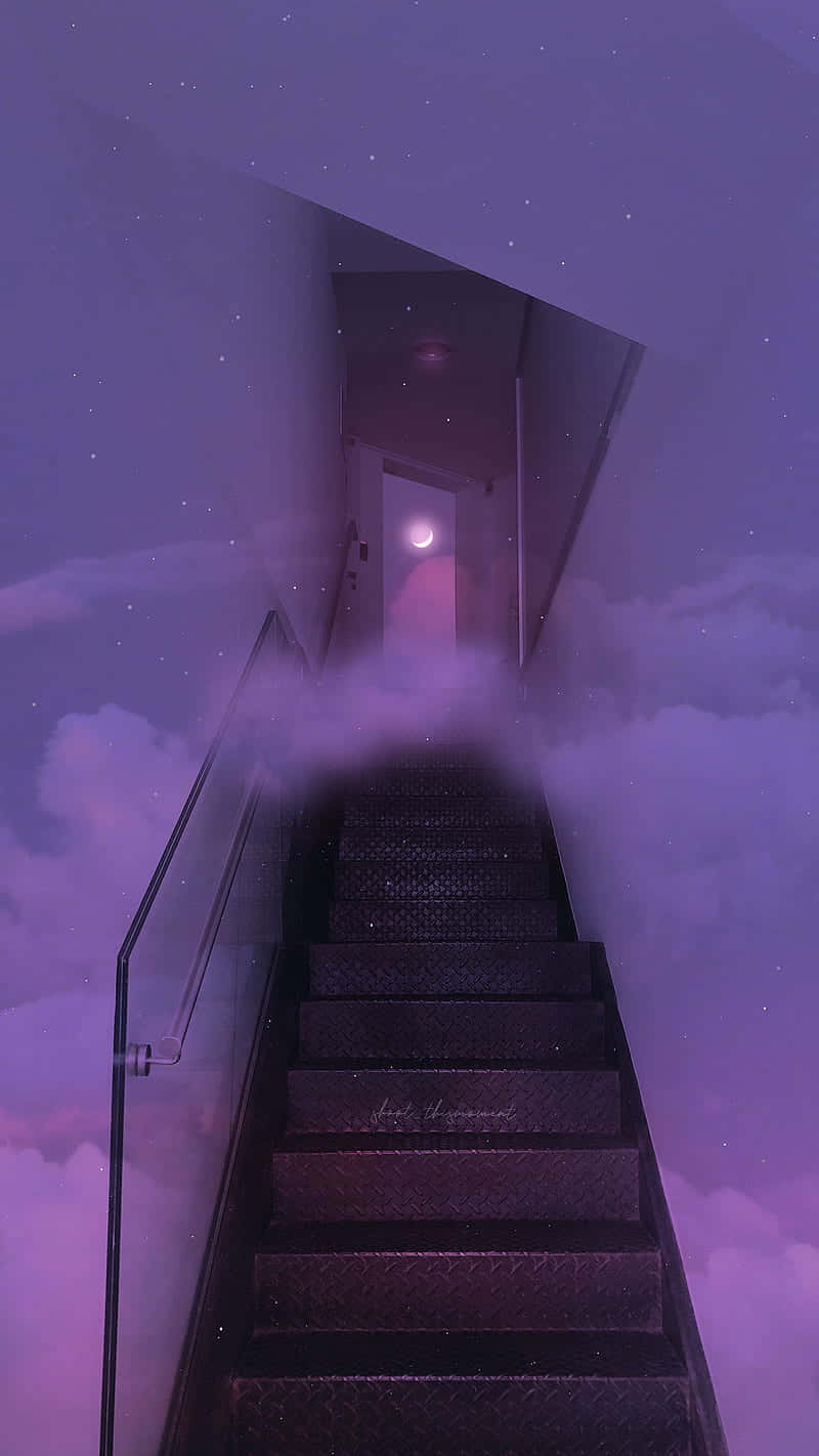 藝術 桌布 壁紙 — 一道超現實的樓梯穿過紫色雲層，通往一扇發光的門口，露出新月。