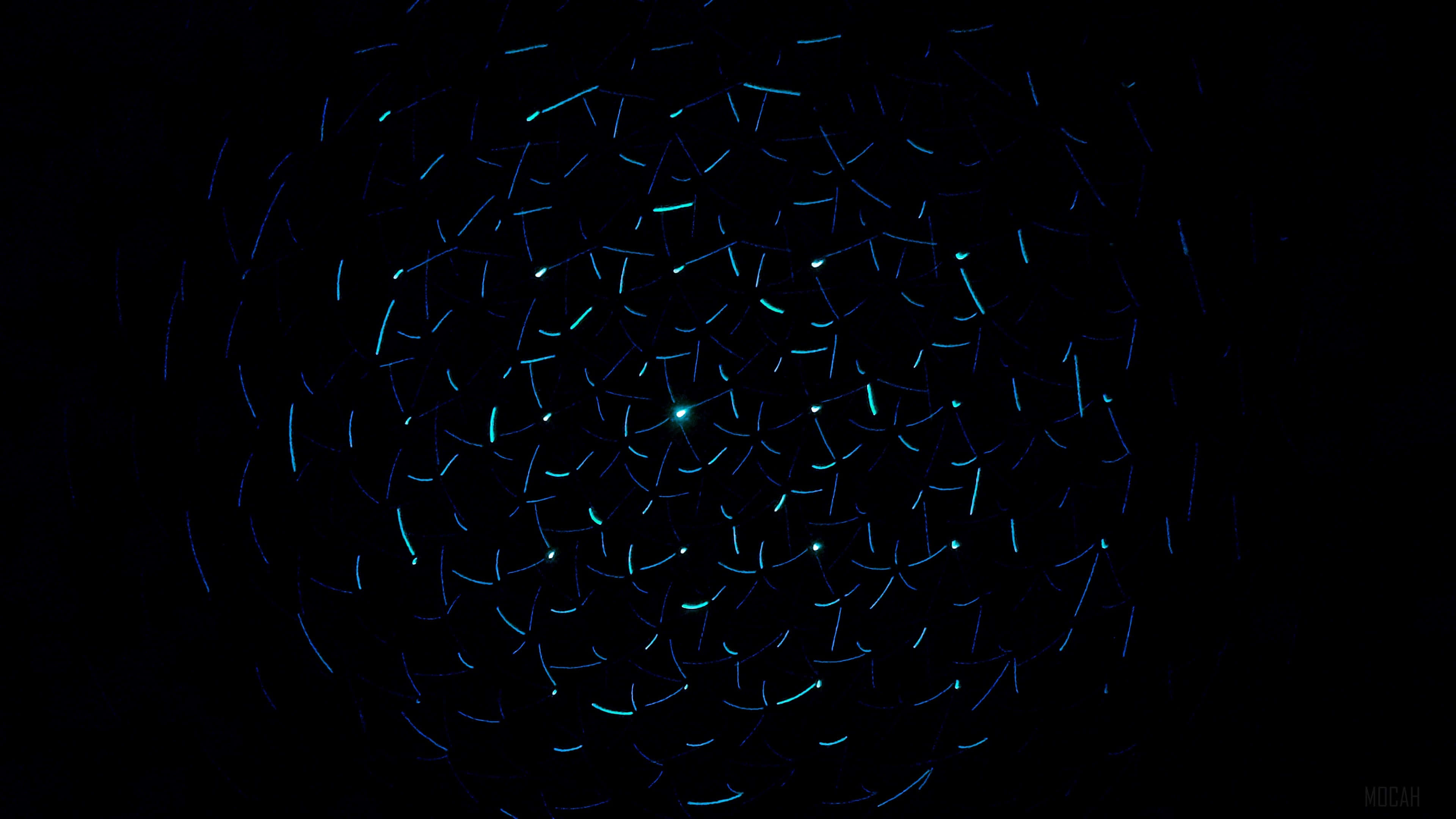 Glow In The Dark 桌布 壁紙 — 一道迷人的螺旋狀藍色發光軌跡，在深邃的黑色虛空中向外輻射。