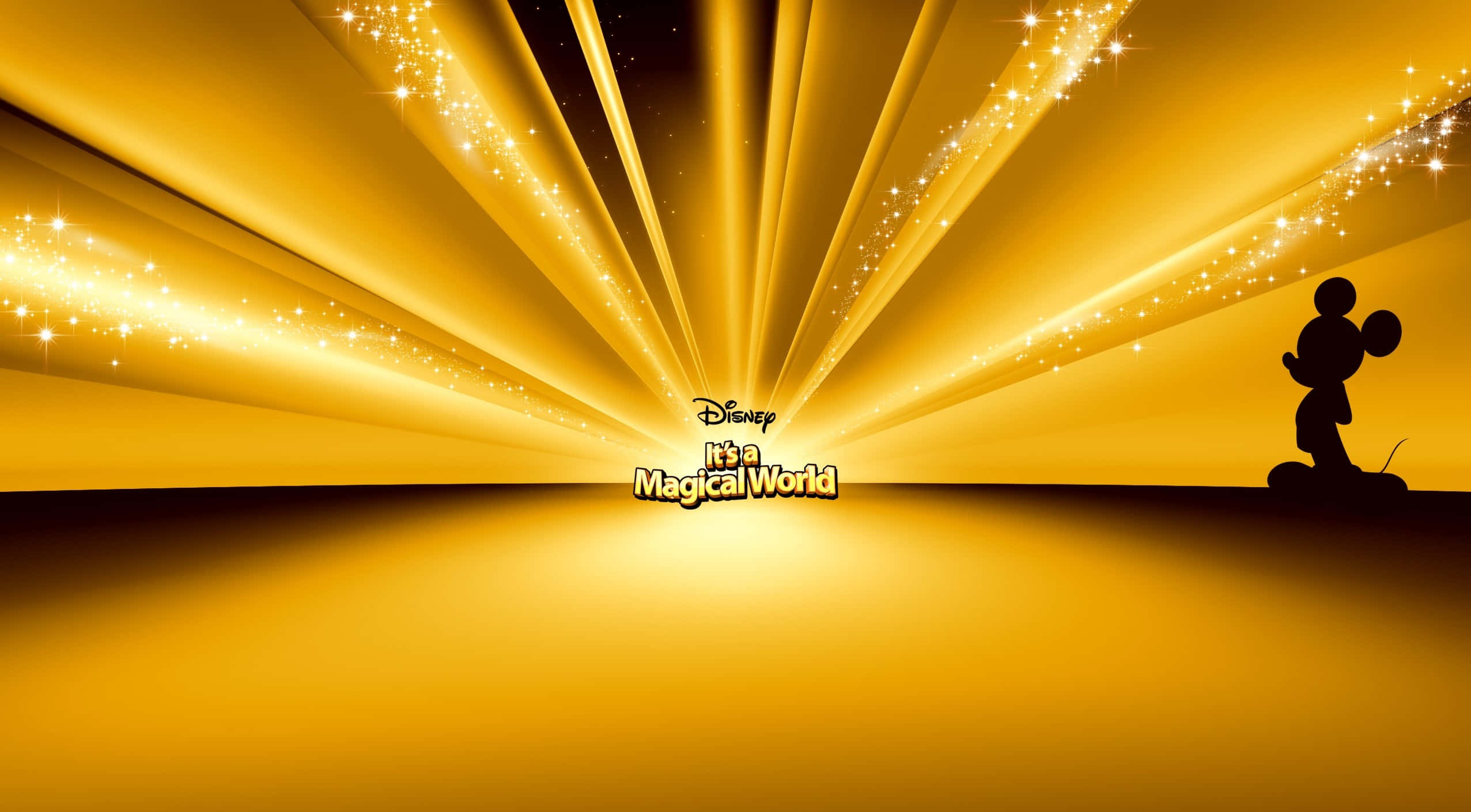Disney Character 桌布 壁紙 — 一道金色放射光芒，帶有閃爍軌跡，框住了站在迪士尼「It's a Magical World」標誌旁邊的米奇老鼠剪影。