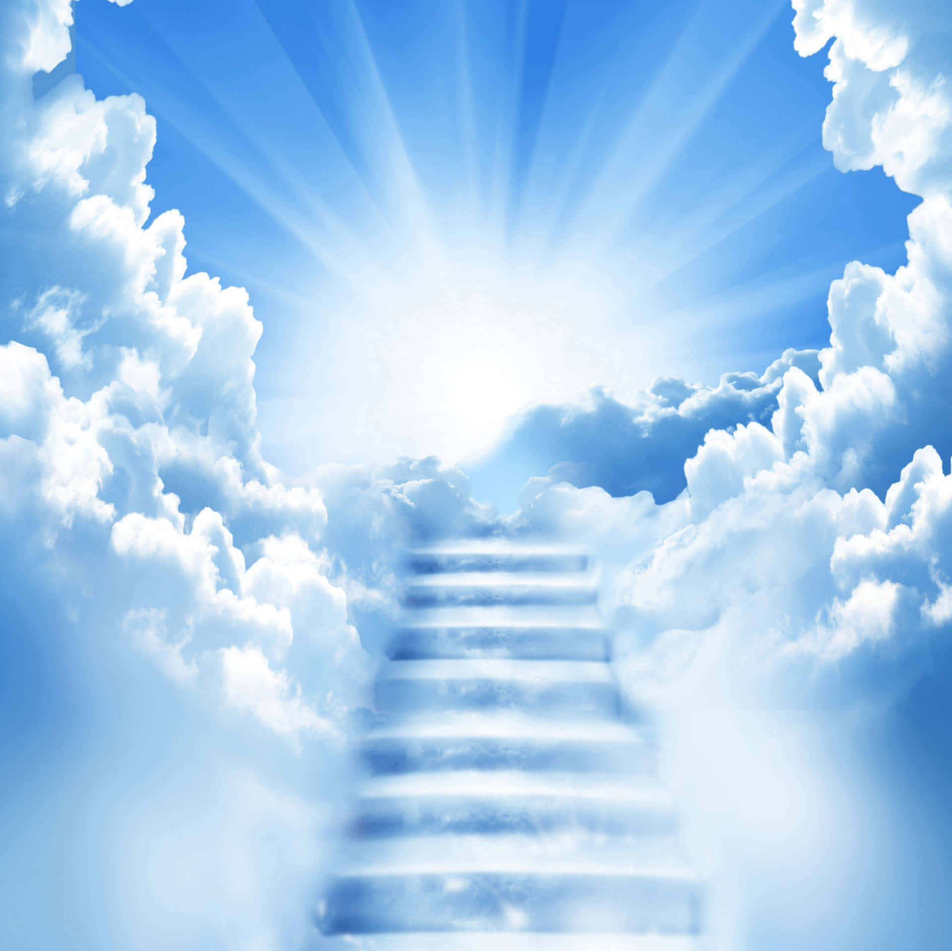 樓梯穿過雲層，朝向晴朗藍天中的明亮太陽光芒上升。 — 天堂 壁紙