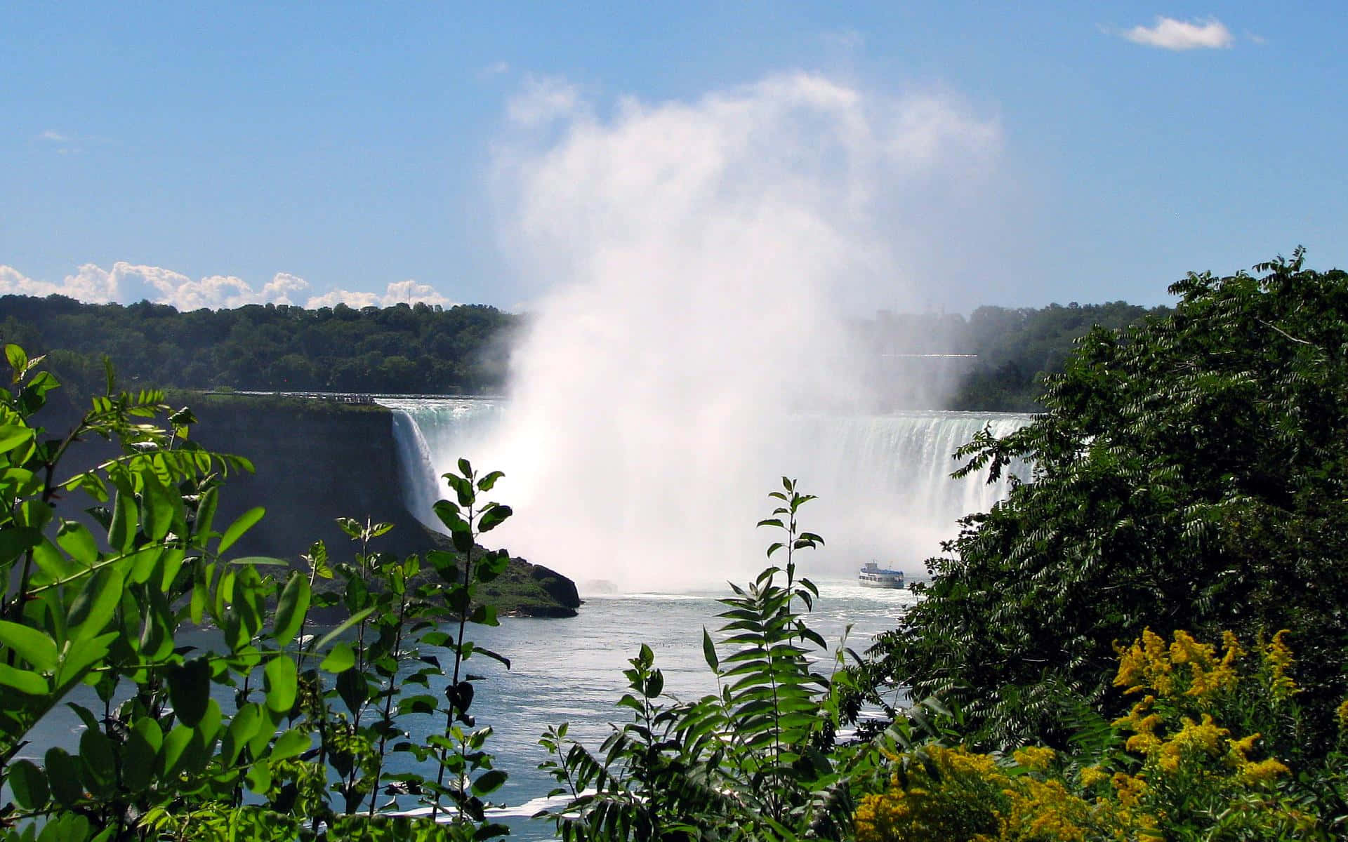 720p Niagara Falls 桌布 壁紙 — 一道雄偉的瀑布傾瀉而下，流入下方的河流，四周環繞著茂密的綠葉和黃色花朵，背景是清澈的藍天。